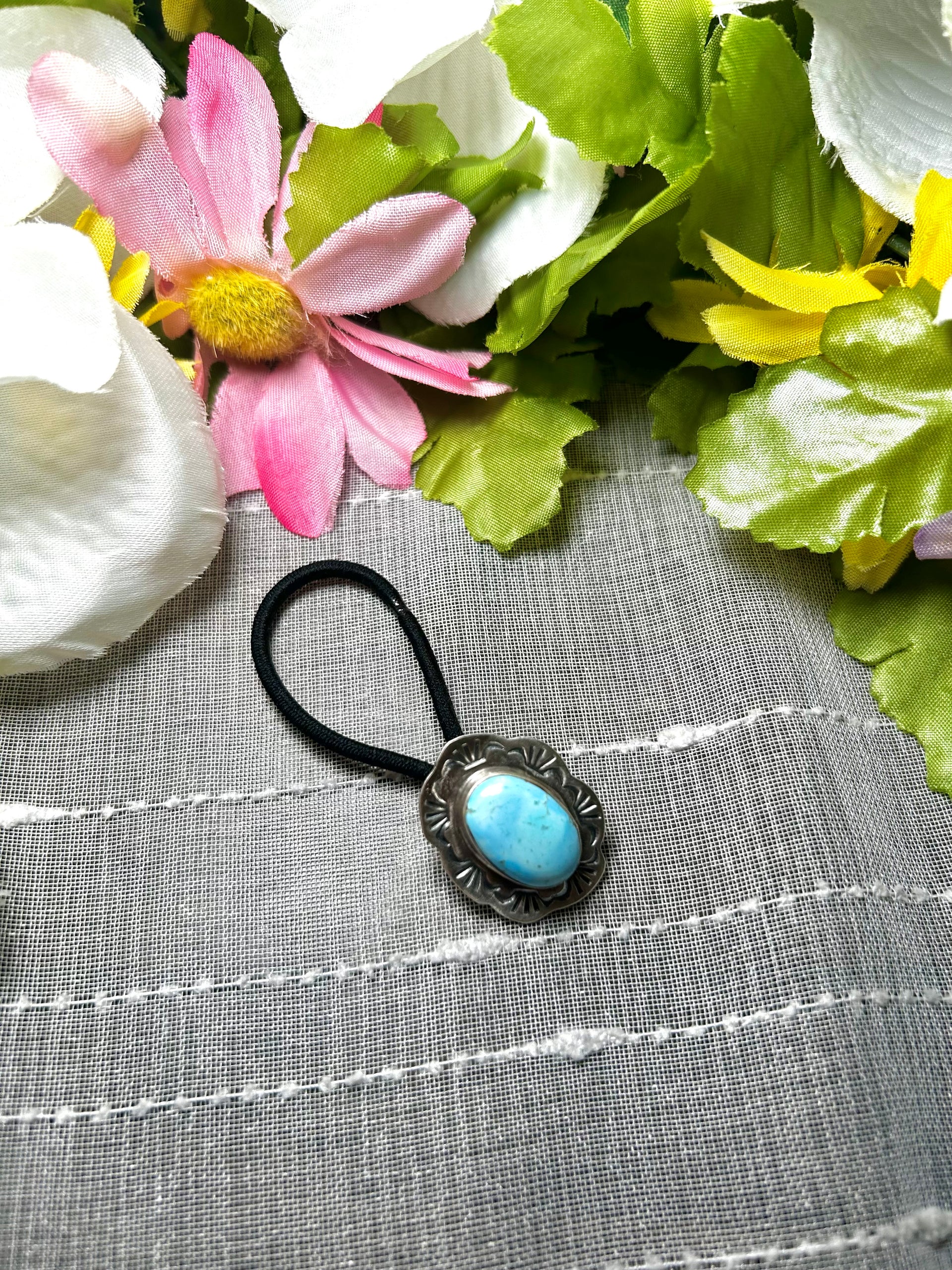 Navajo Made Golden Hill Turquoise & Sterling Silver Hair Tie