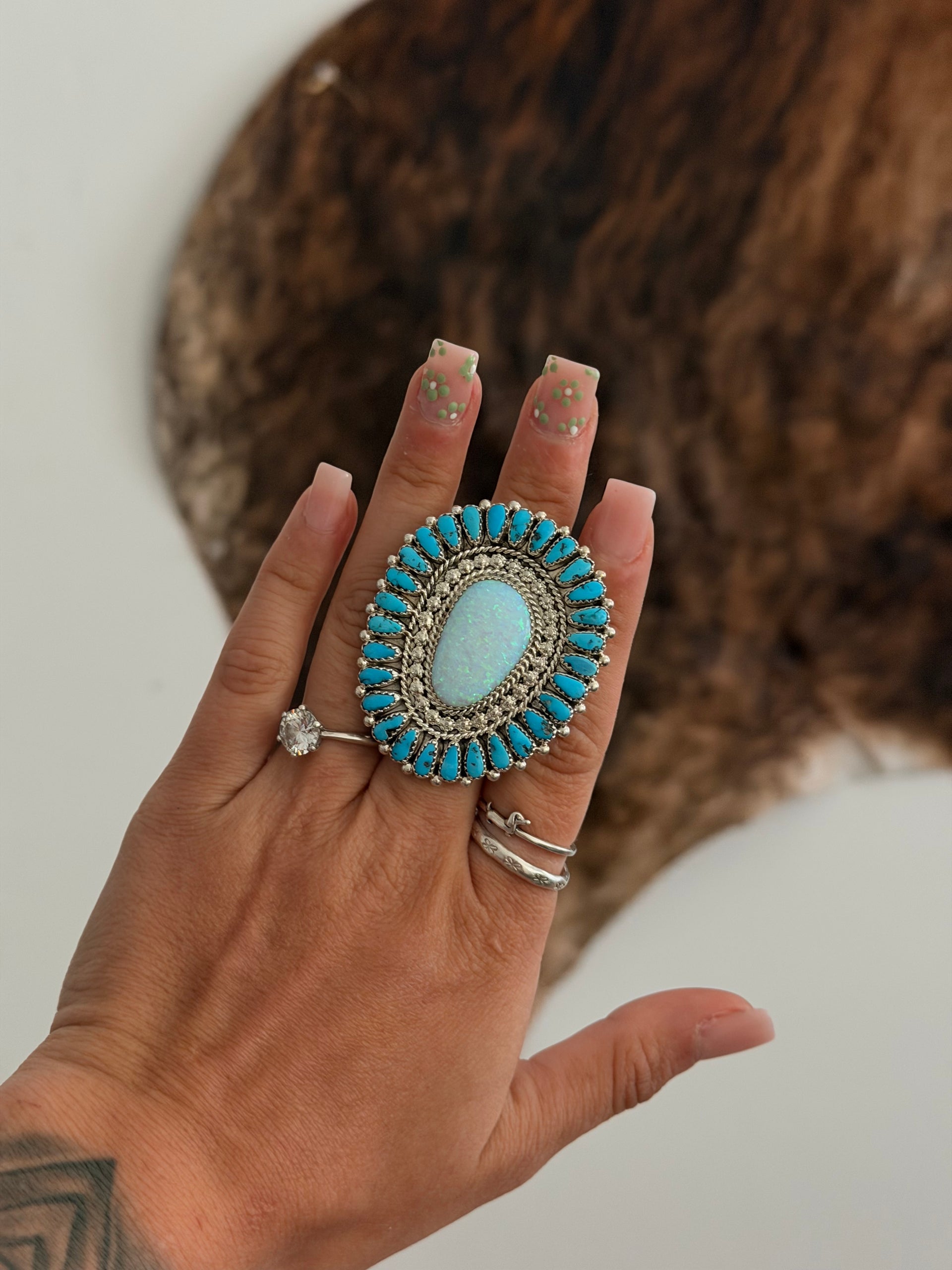 Navajo Made Multi Stone & Sterling Silver Cluster Adjustable Ring