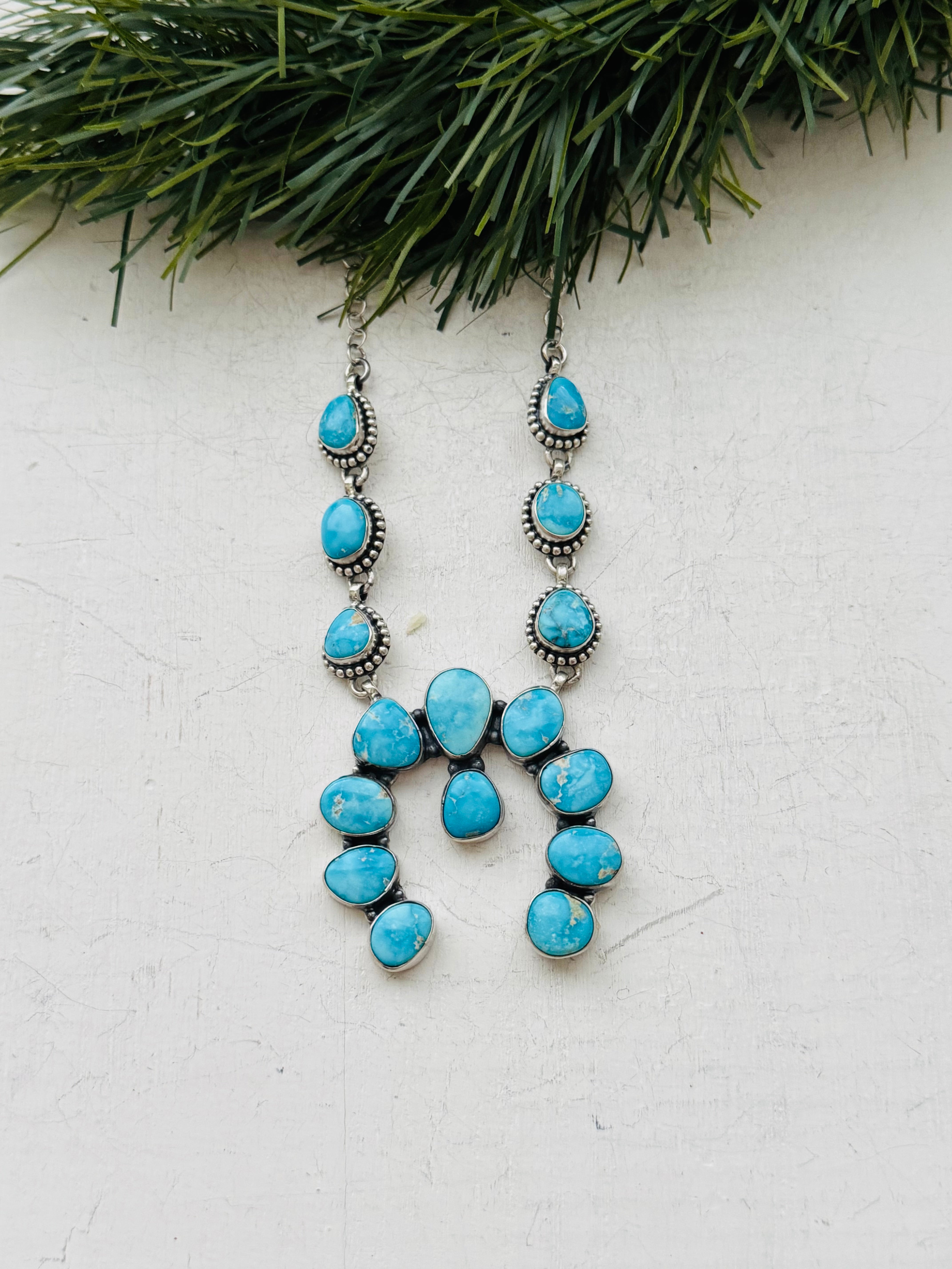 TTD Valley Blue Turquoise & Sterling Silver Squash Naja Necklace