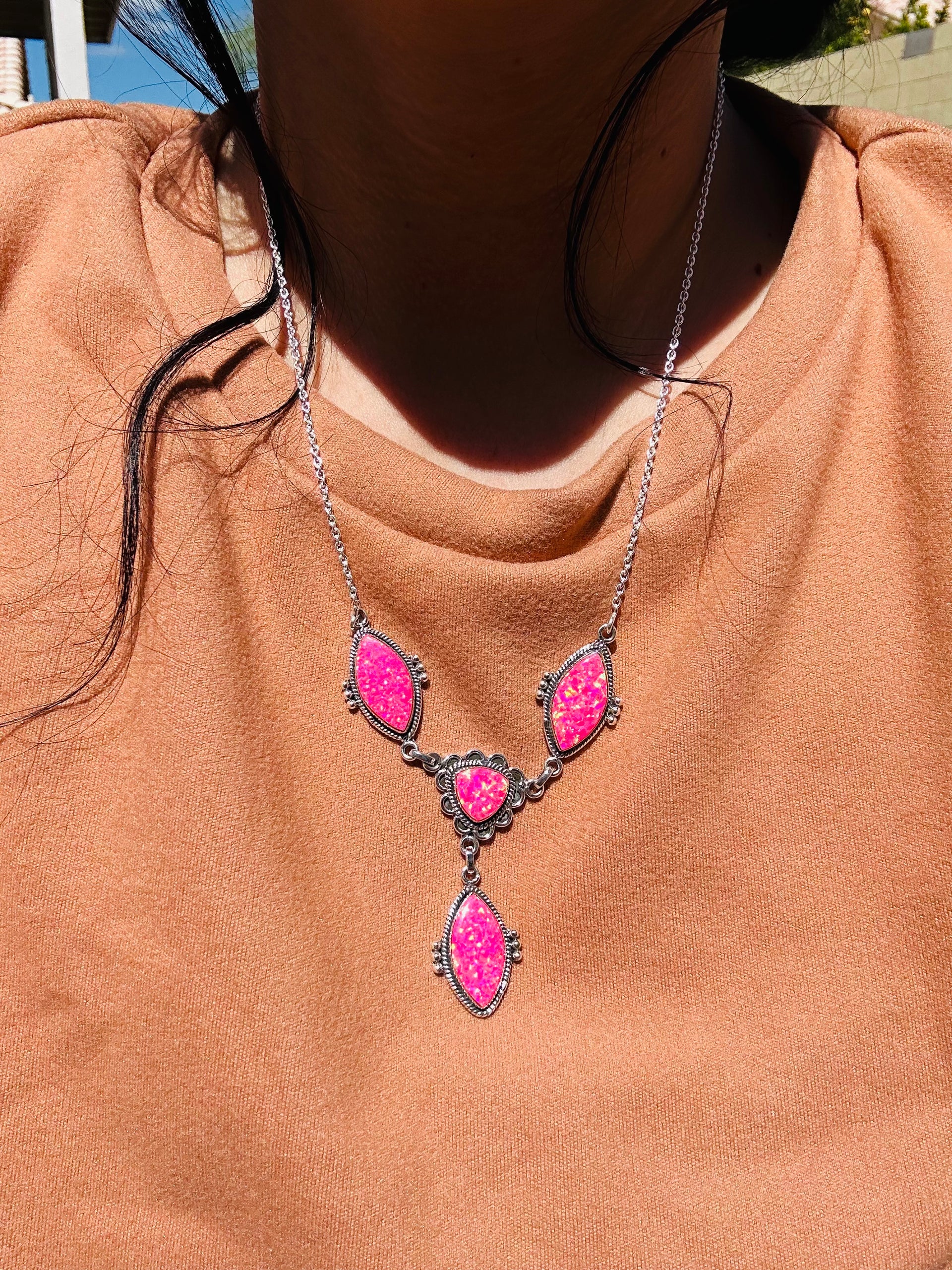 Southwest Handmade Hot Pink Opal & Sterling Silver Lariat Necklace