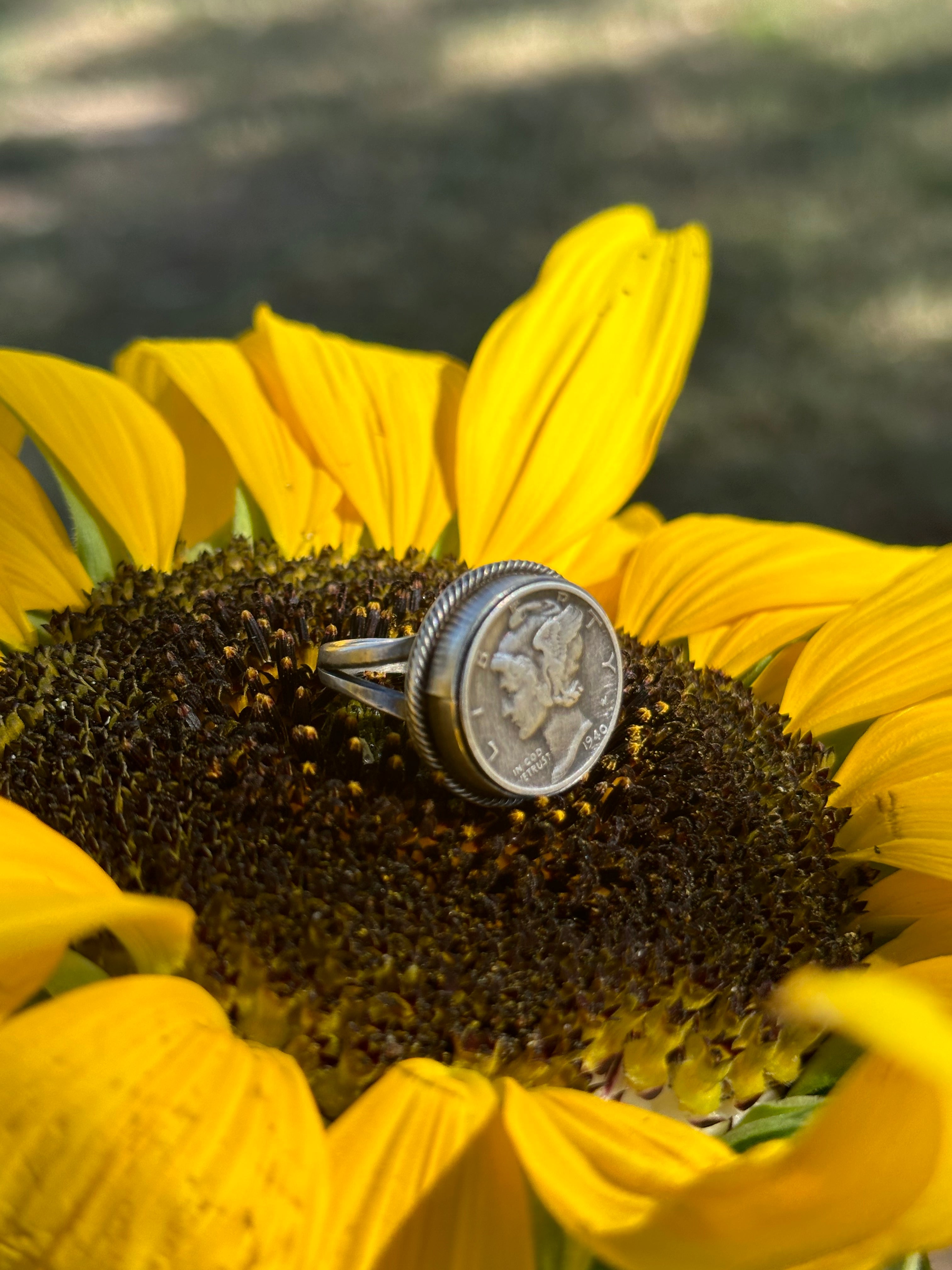 Navajo Made Sterling Silver Dime Ring Size 6.75