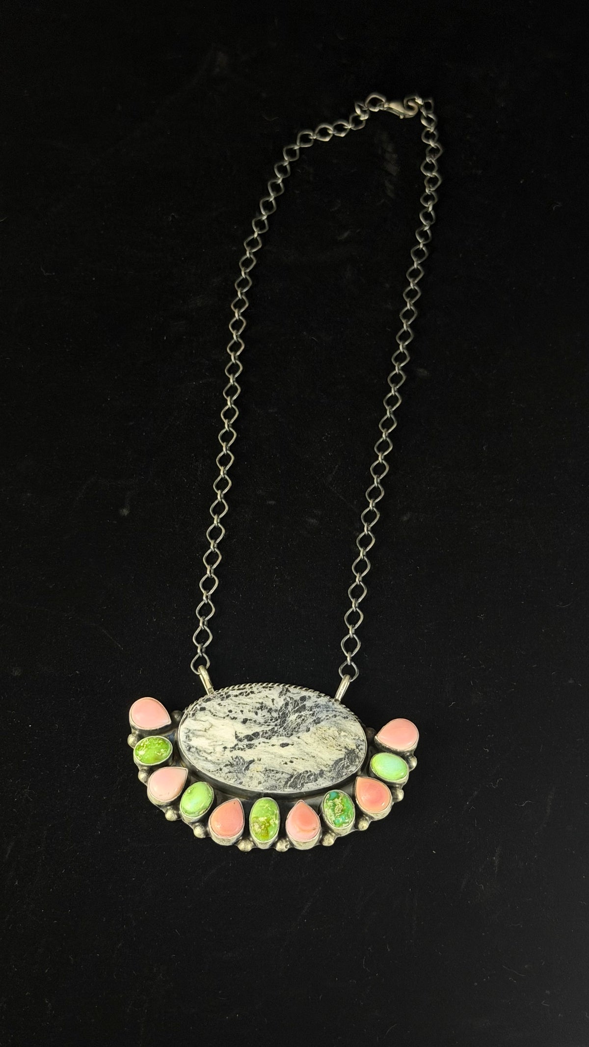 Navajo Made Multi Stone & Sterling Silver Cluster Necklace