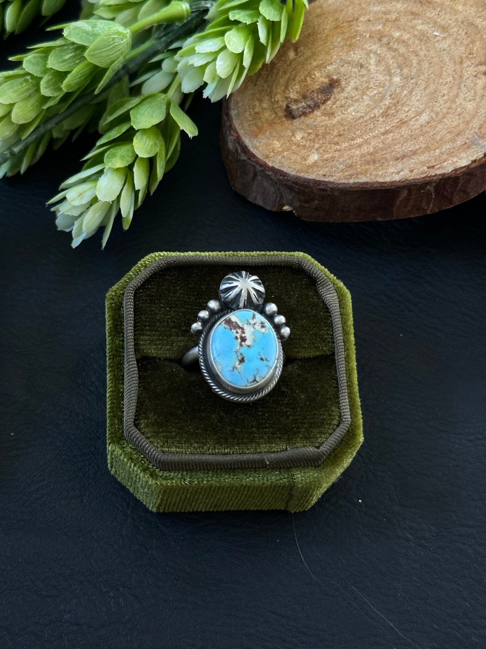 Marie Tsosie Golden Hills Turquoise & Sterling Silver Ring Size 7.5