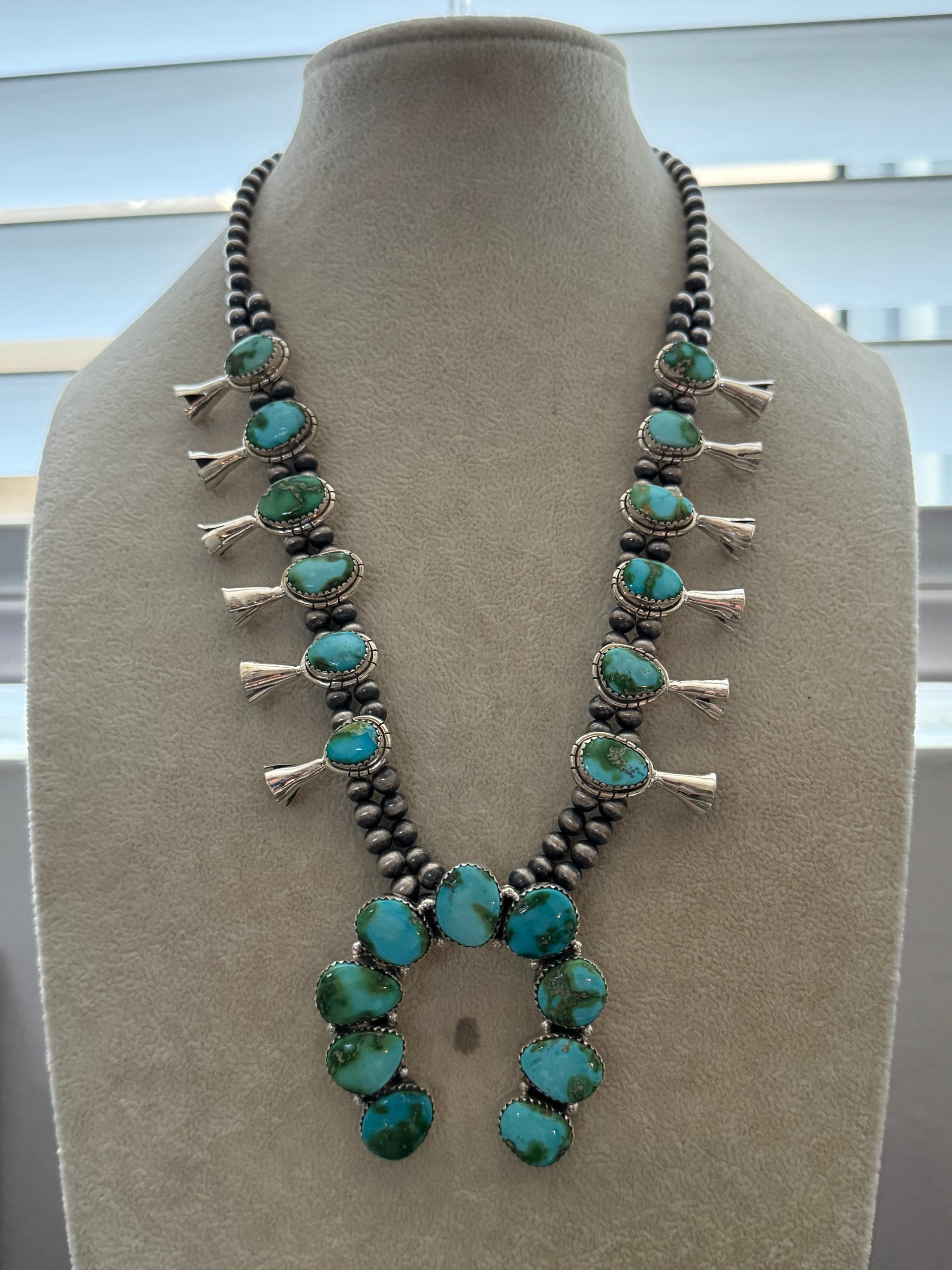 TTD Sonoran Mountain Turquoise & Sterling Silver Squash Blossom Necklace