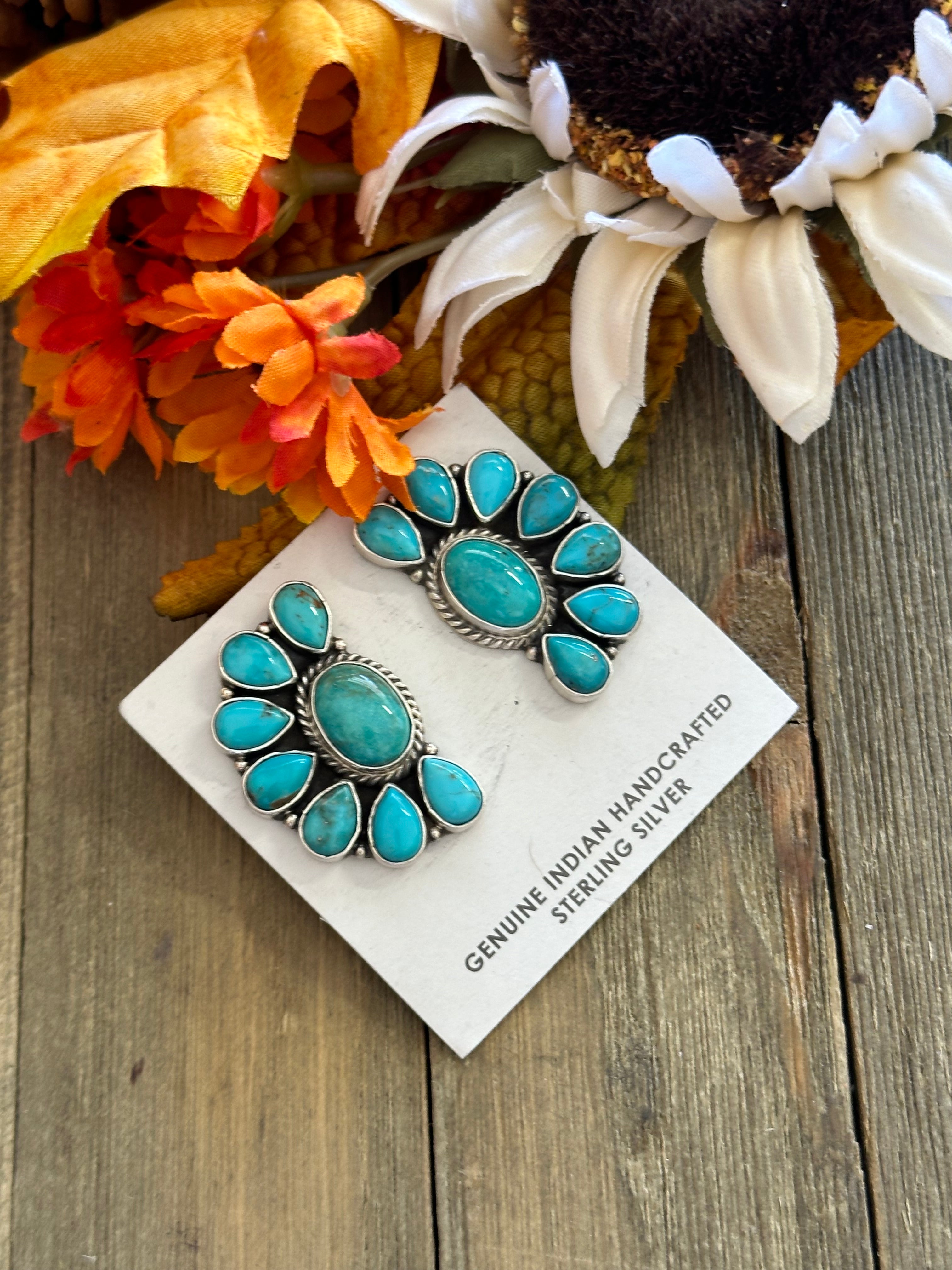 Belinda Begay Kingman Turquoise& Sterling Silver Post Dangle Cluster Earrings