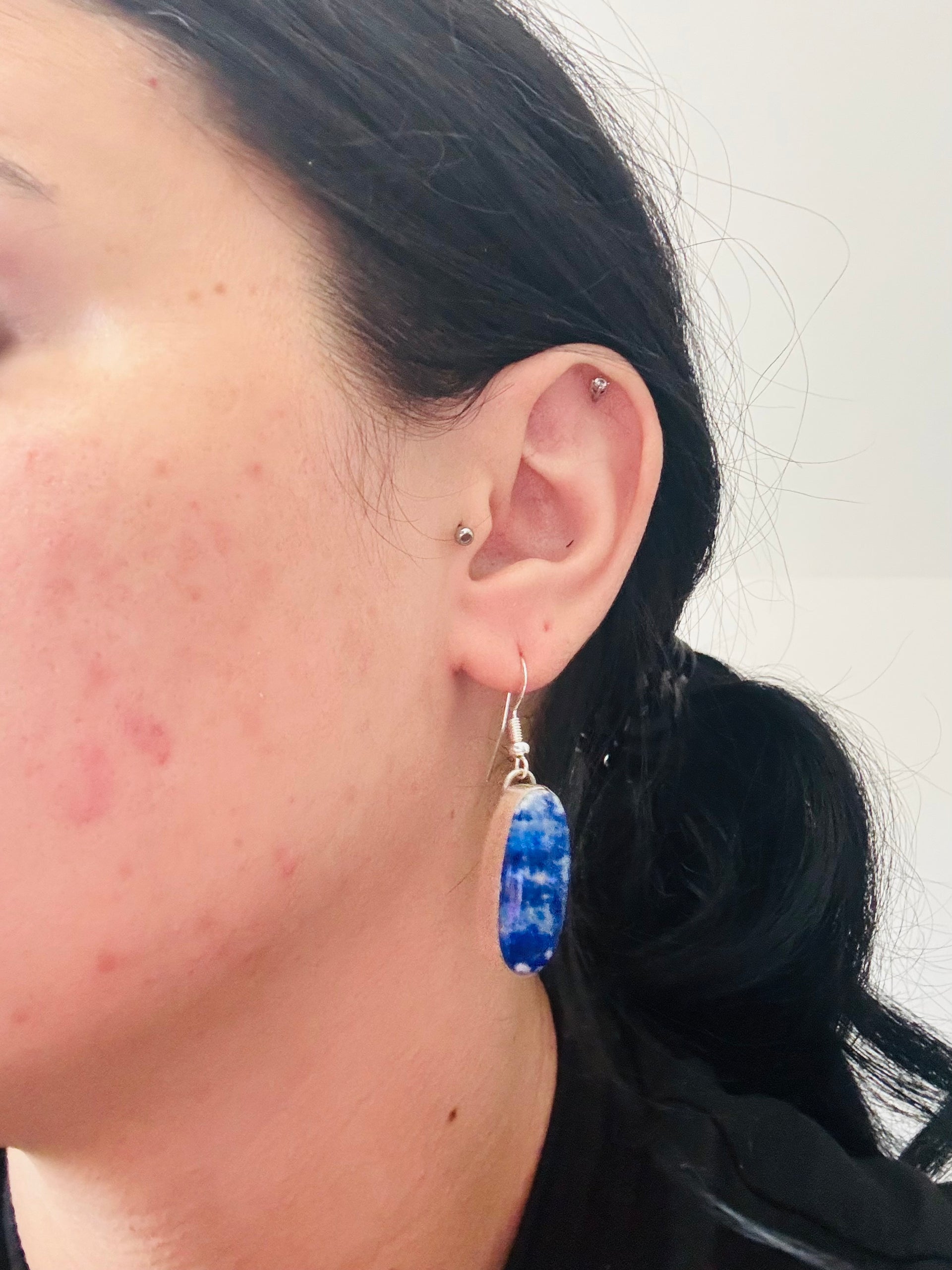 Navajo Made Denim Lapis & Sterling Silver Dangle Earrings