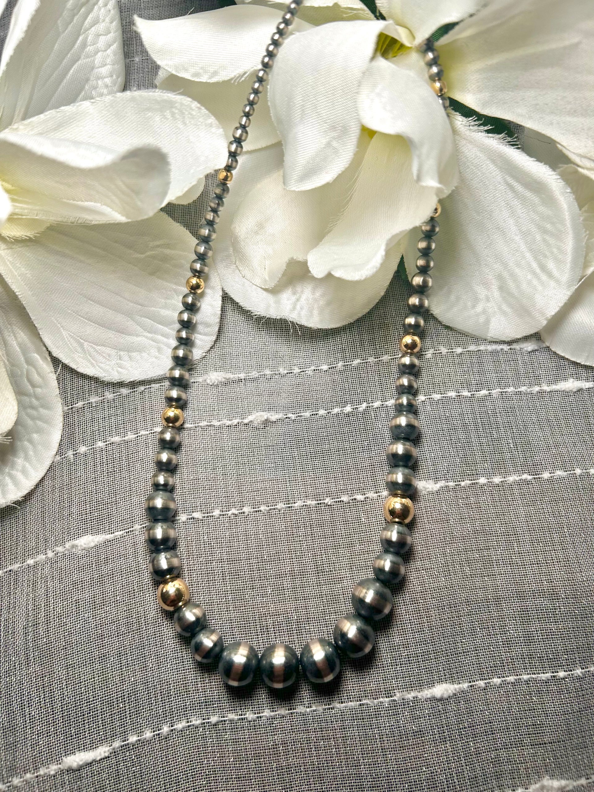 Navajo Made Strung 14K Gold Plate & Sterling Silver Necklace