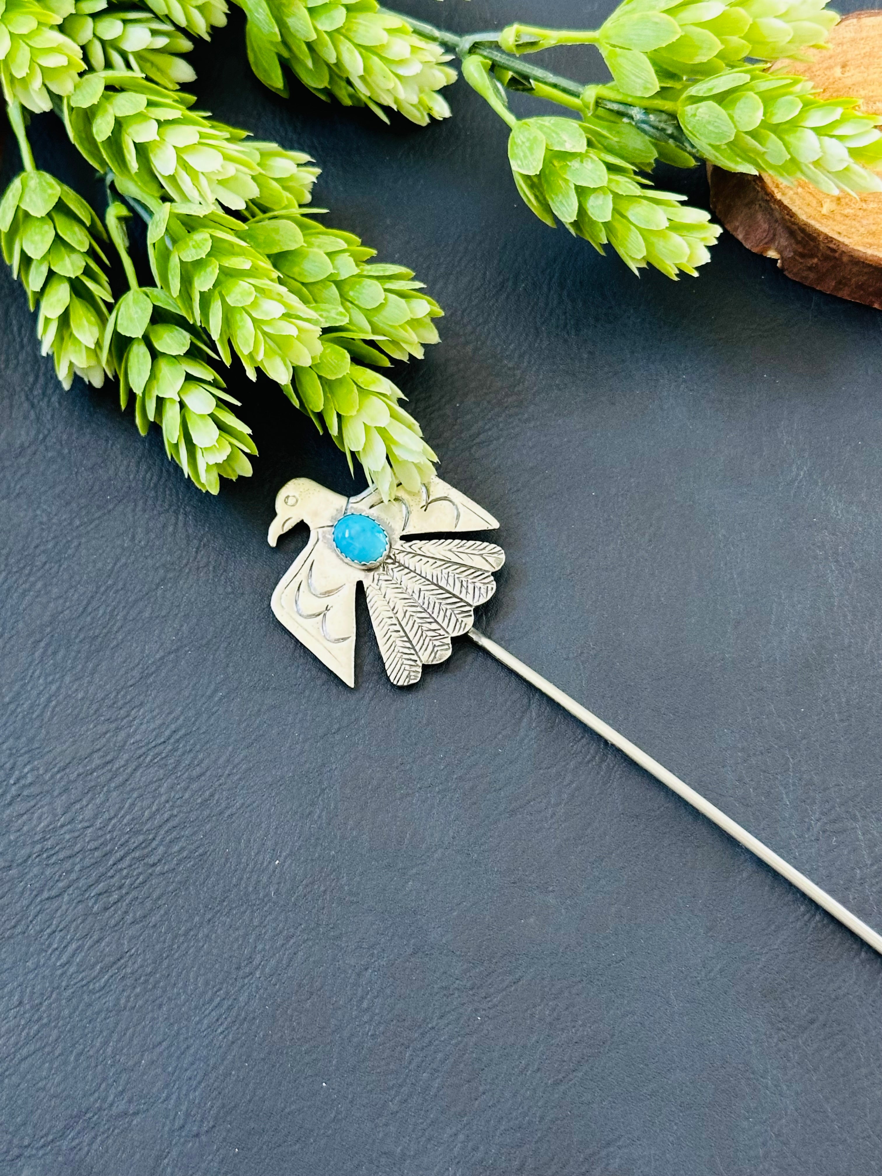 Navajo Handmade Kingman & Sterling Silver Thunderbird Hair Pin