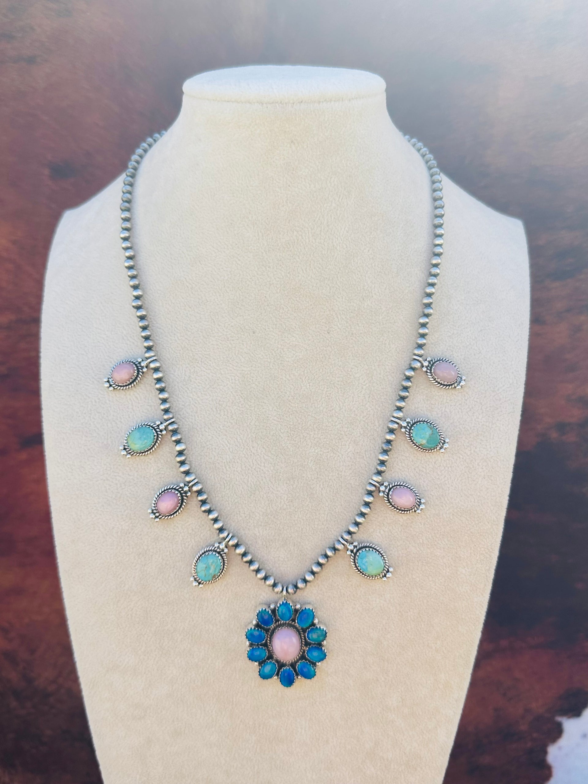 Southwest Handmade Multi Stone & Sterling Silver Cluster Necklace