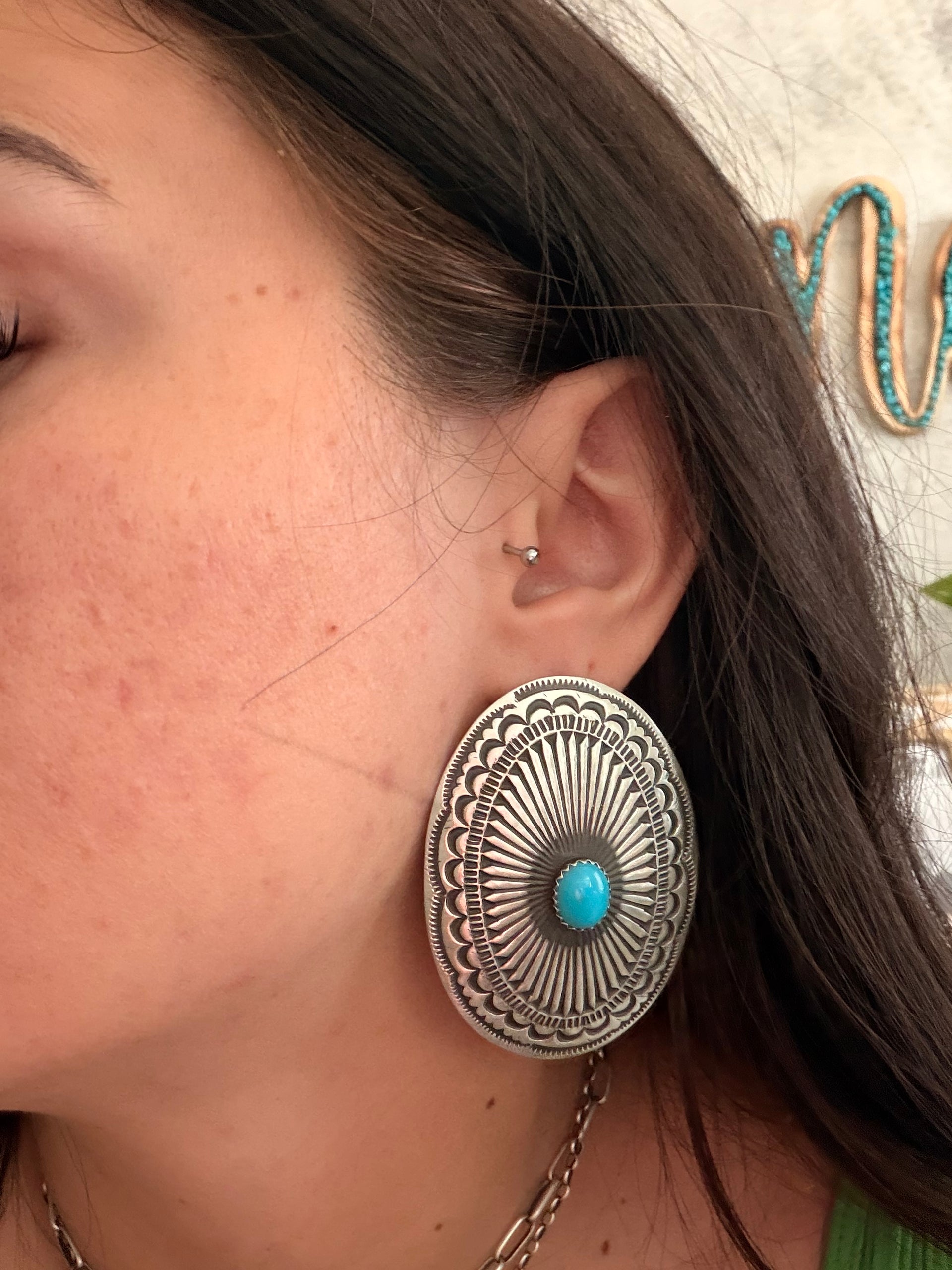Leander Tahe Kingman Turquoise & Sterling Silver Post Concho Earrings