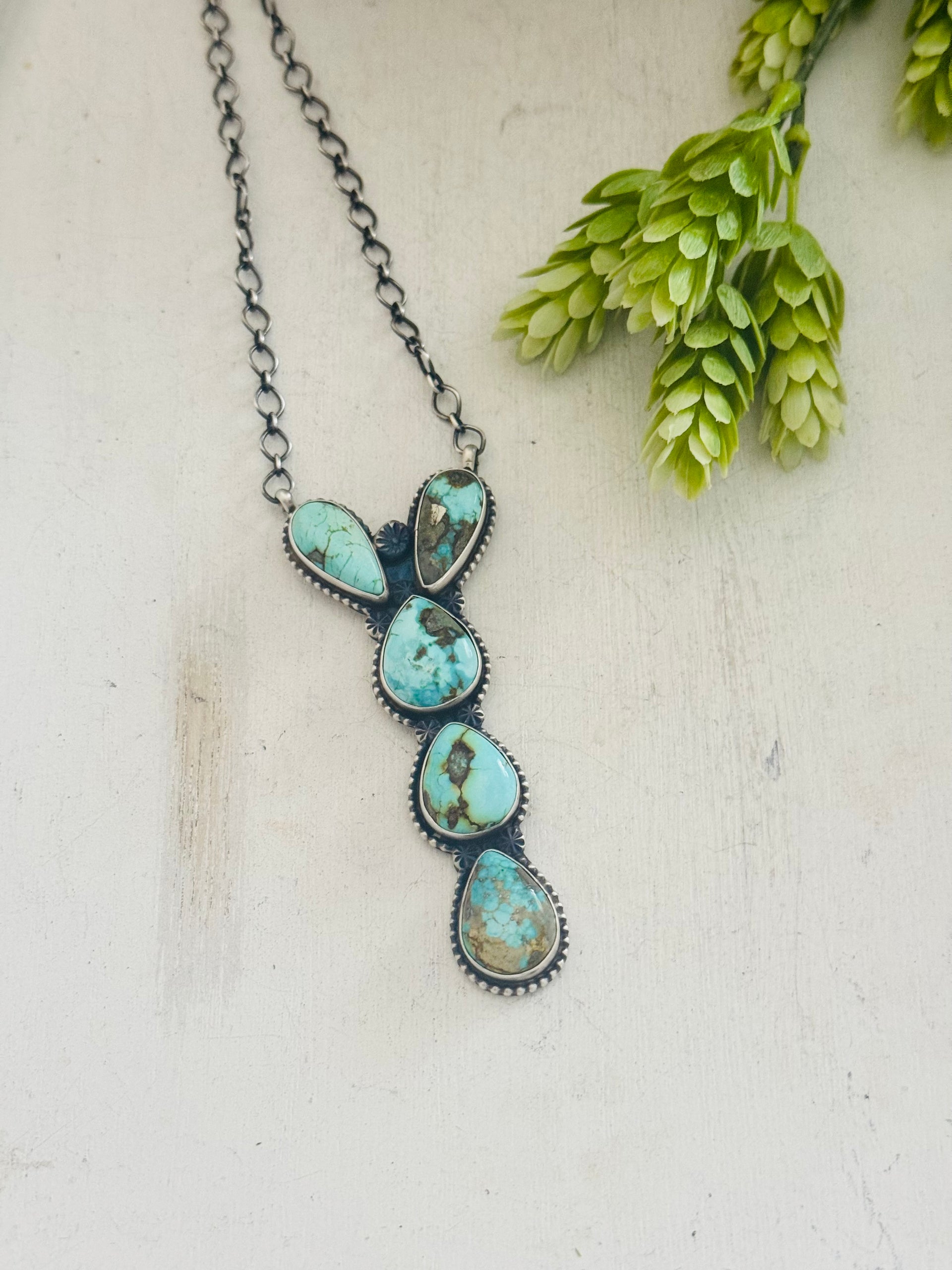 Navajo Made Royston Turquoise & Sterling Silver Cluster Necklace