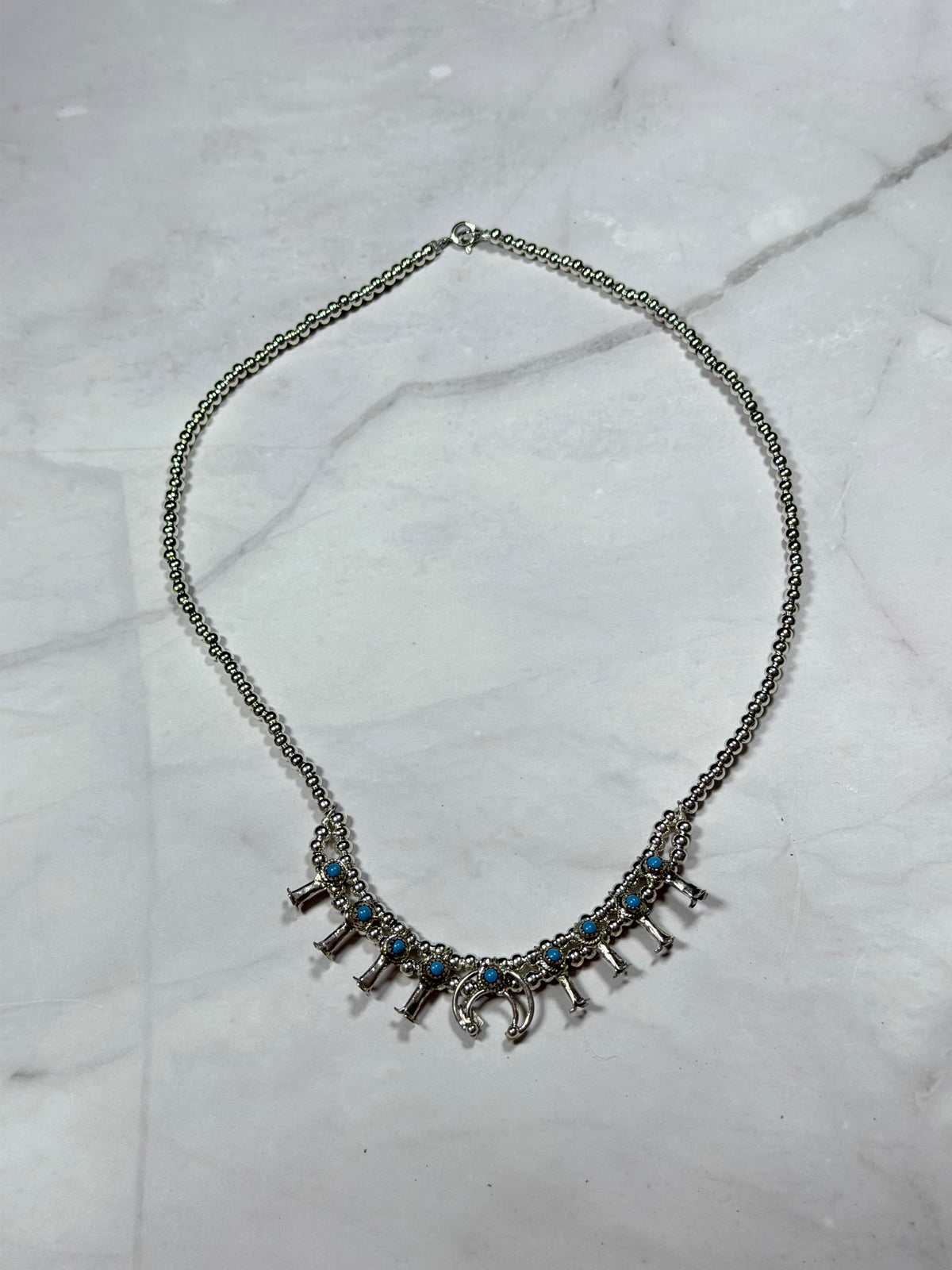 Larry Curley Kingman Turquoise & Nickel Silver Mini Squash Blossom Necklace