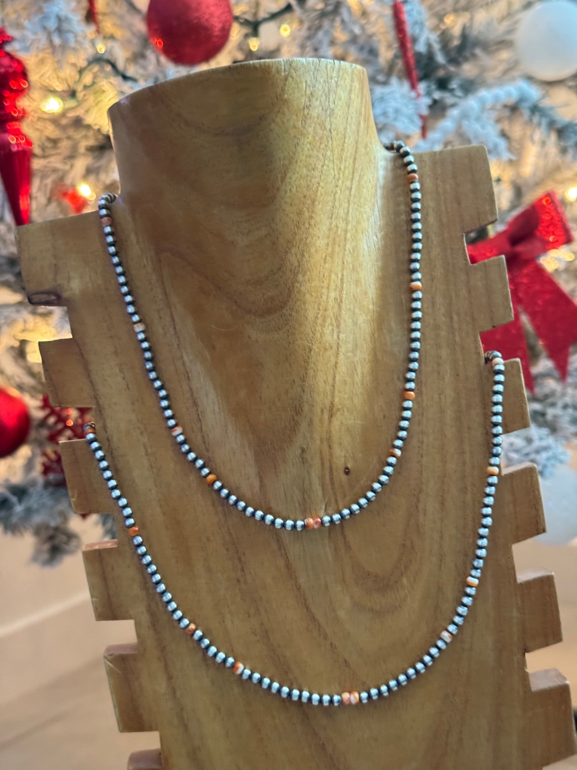 Navajo Strung Red/Orange Spiny Oyster & Sterling Silver Pearl Necklace