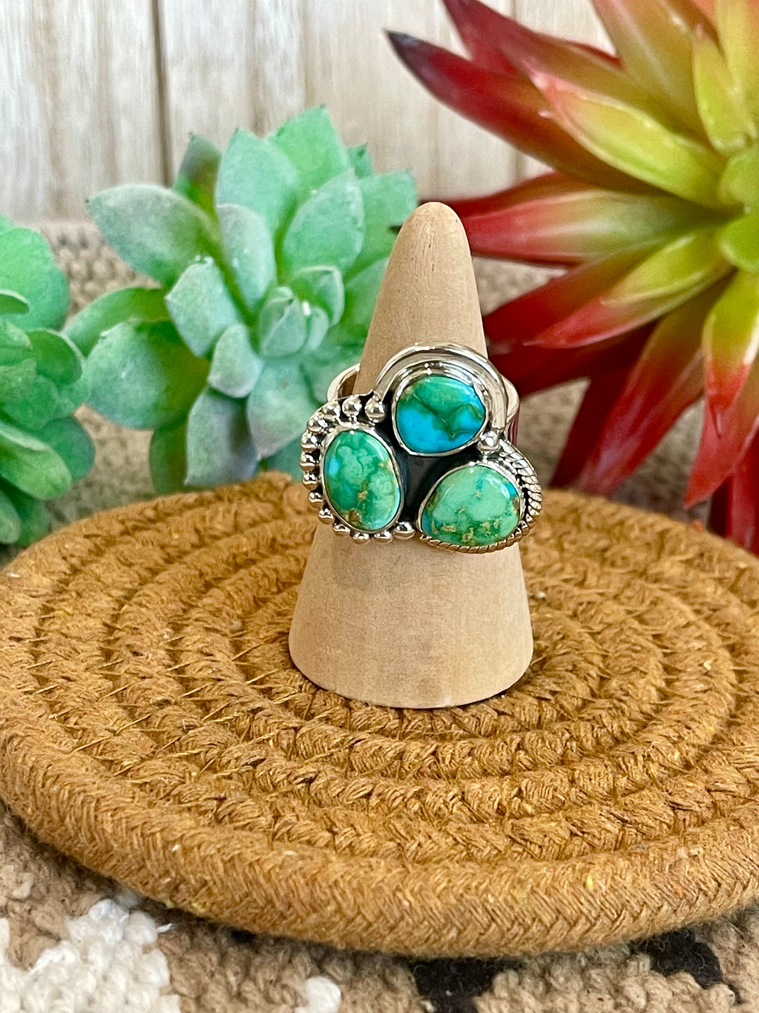 Southwest Handmade Sonoran Mountain Turquoise & Sterling Silver Adjustable 3 Stone Ring