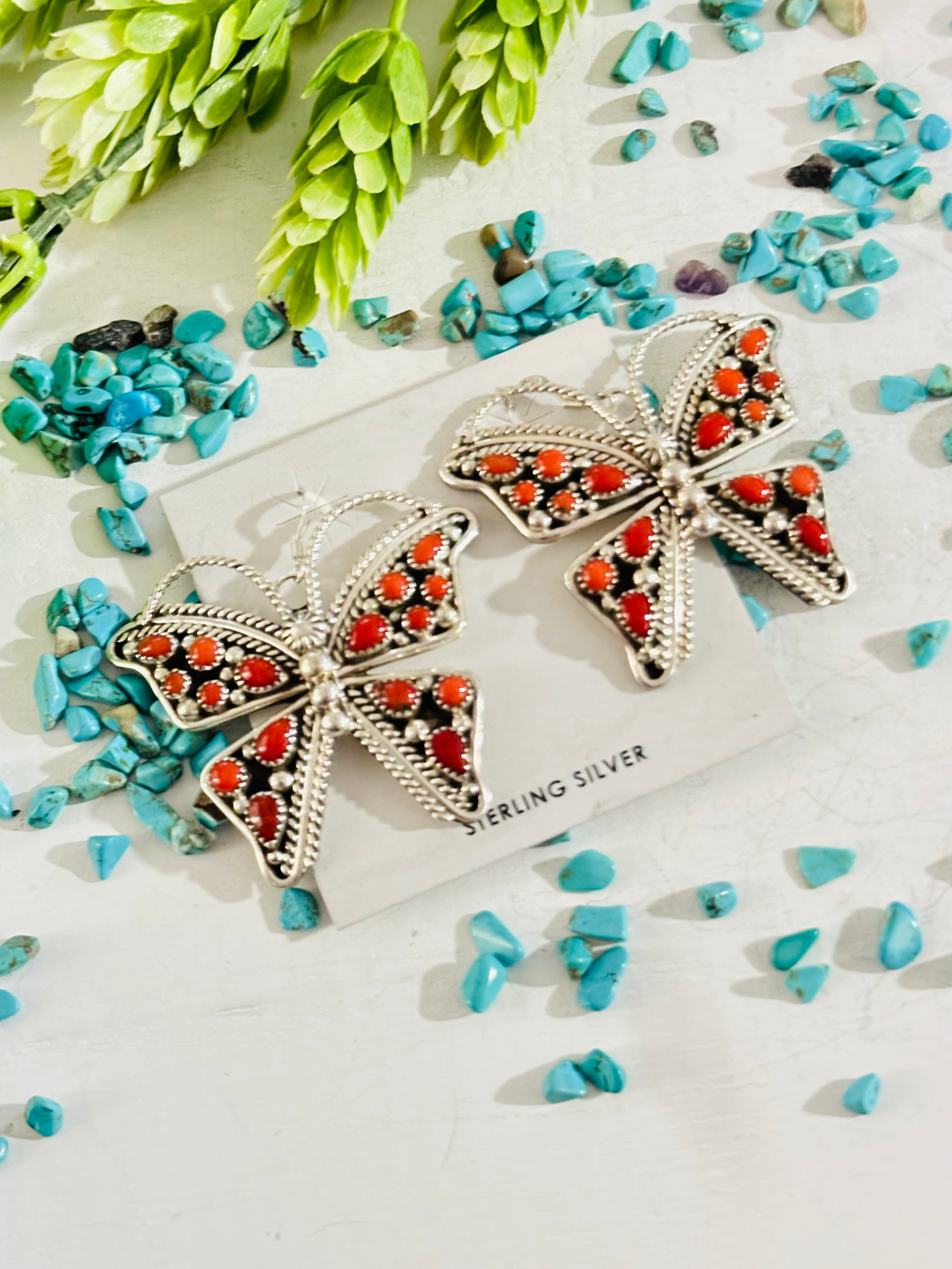 Navajo Made Coral & Sterling Silver Butterfly Dangle Earrings