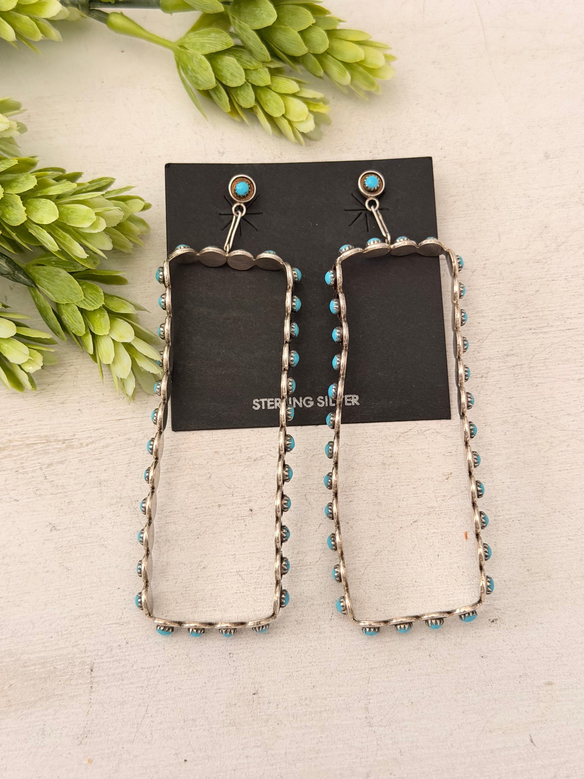 Zuni Made Kingman Turquoise & Sterling Silver Post Dangle Earrings