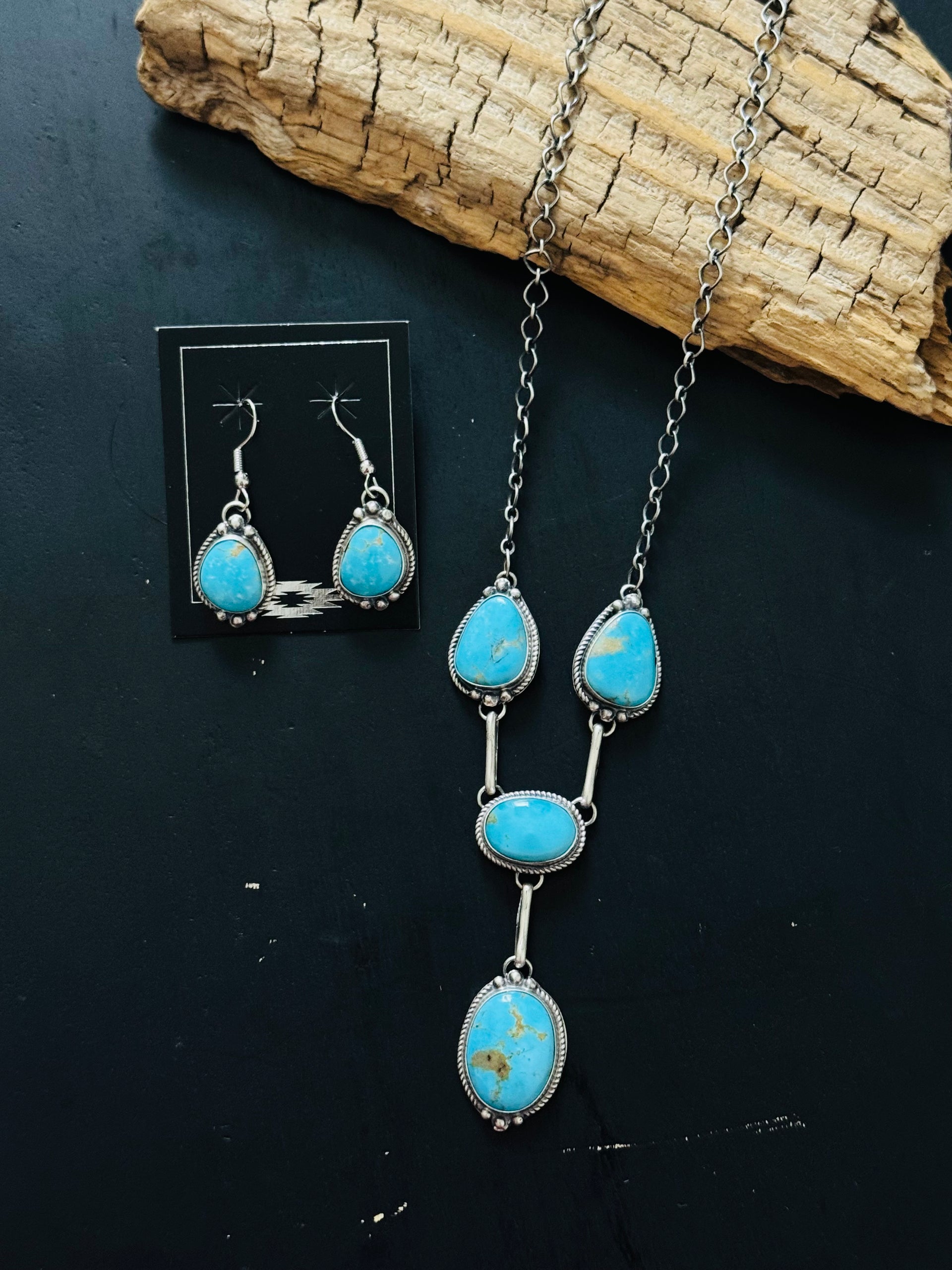 Navajo Made Kingman Turquoise and Sterling Silver Necklace Set