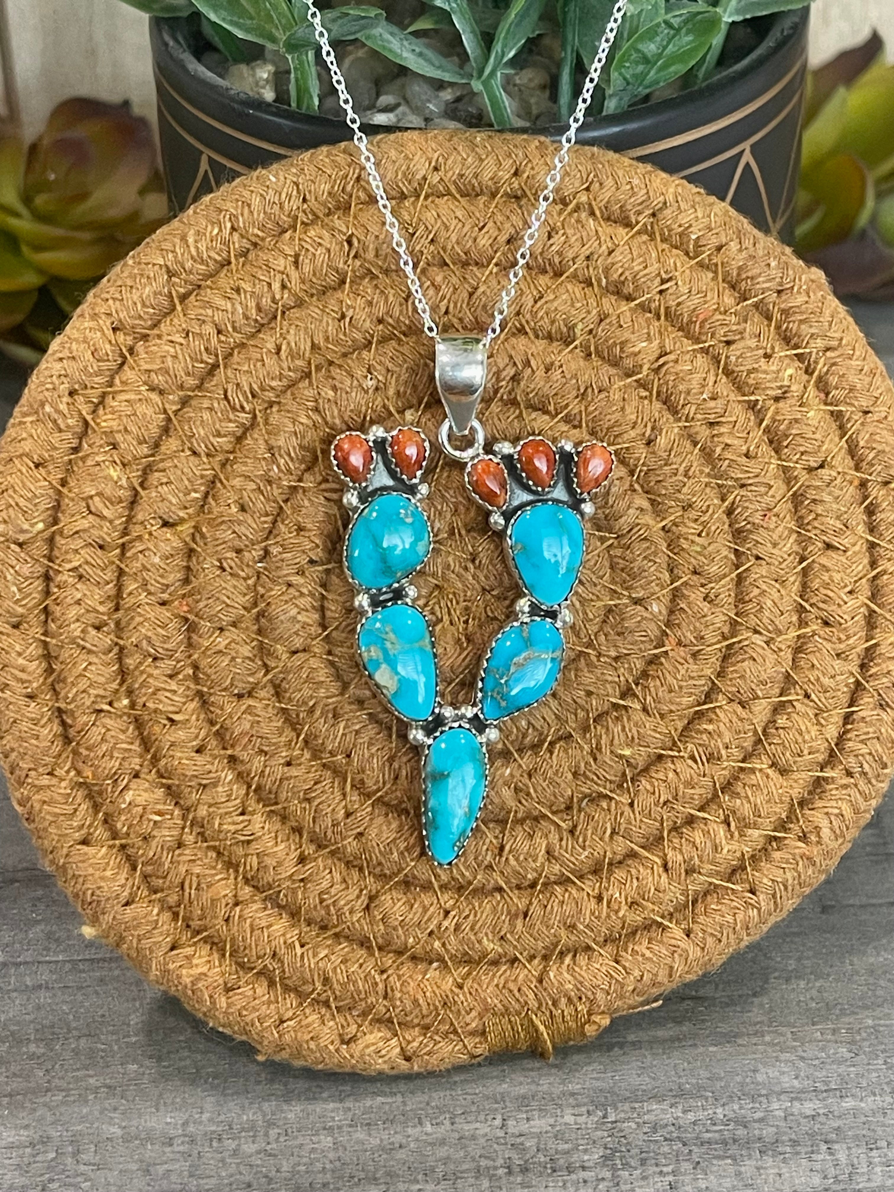 Southwest Handmade Sonoran Mountain Turquoise & Sterling Silver Prickly Pear  Necklace