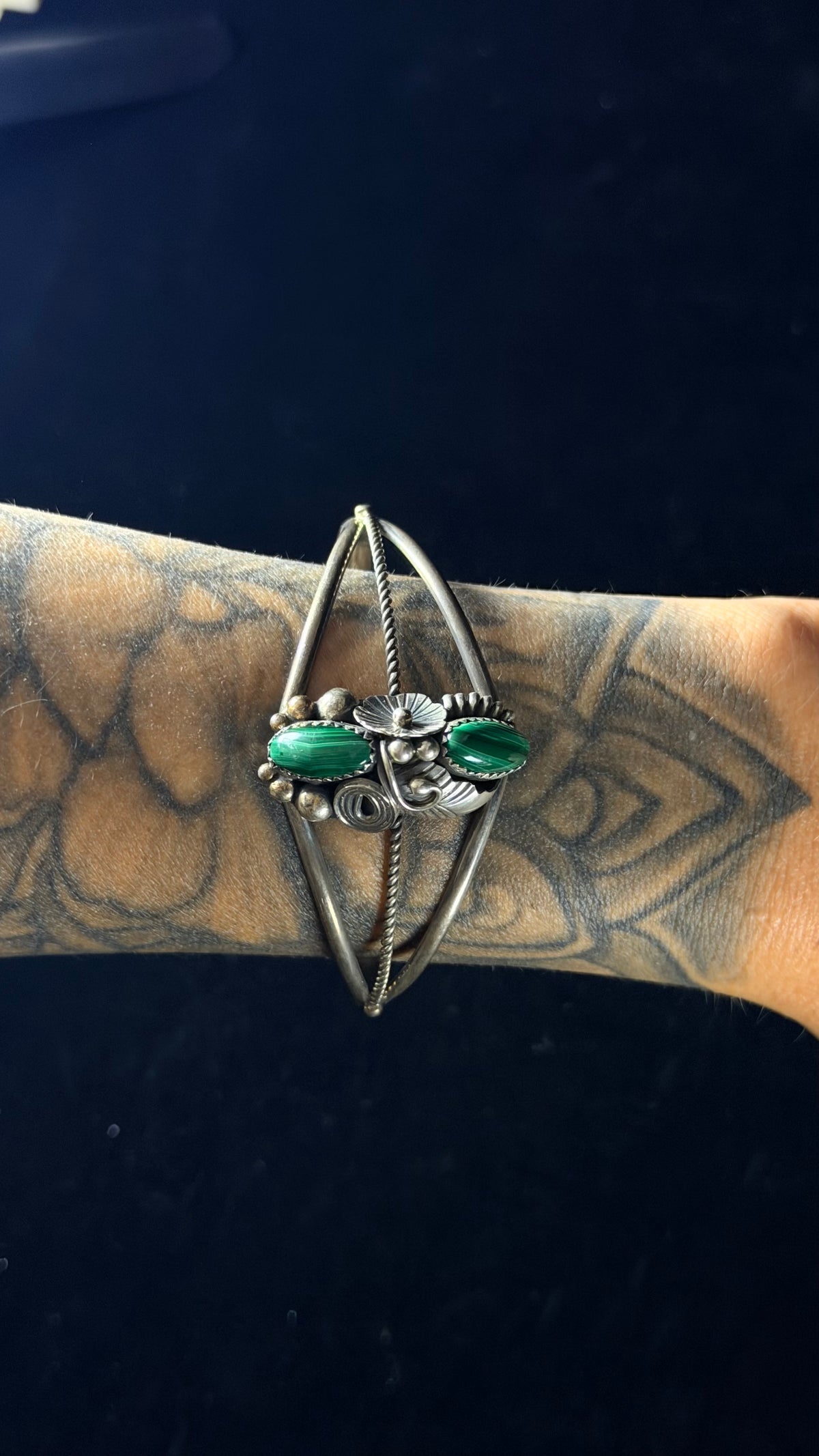 Navajo Made Malachite & Sterling Silver Cuff Bracelet