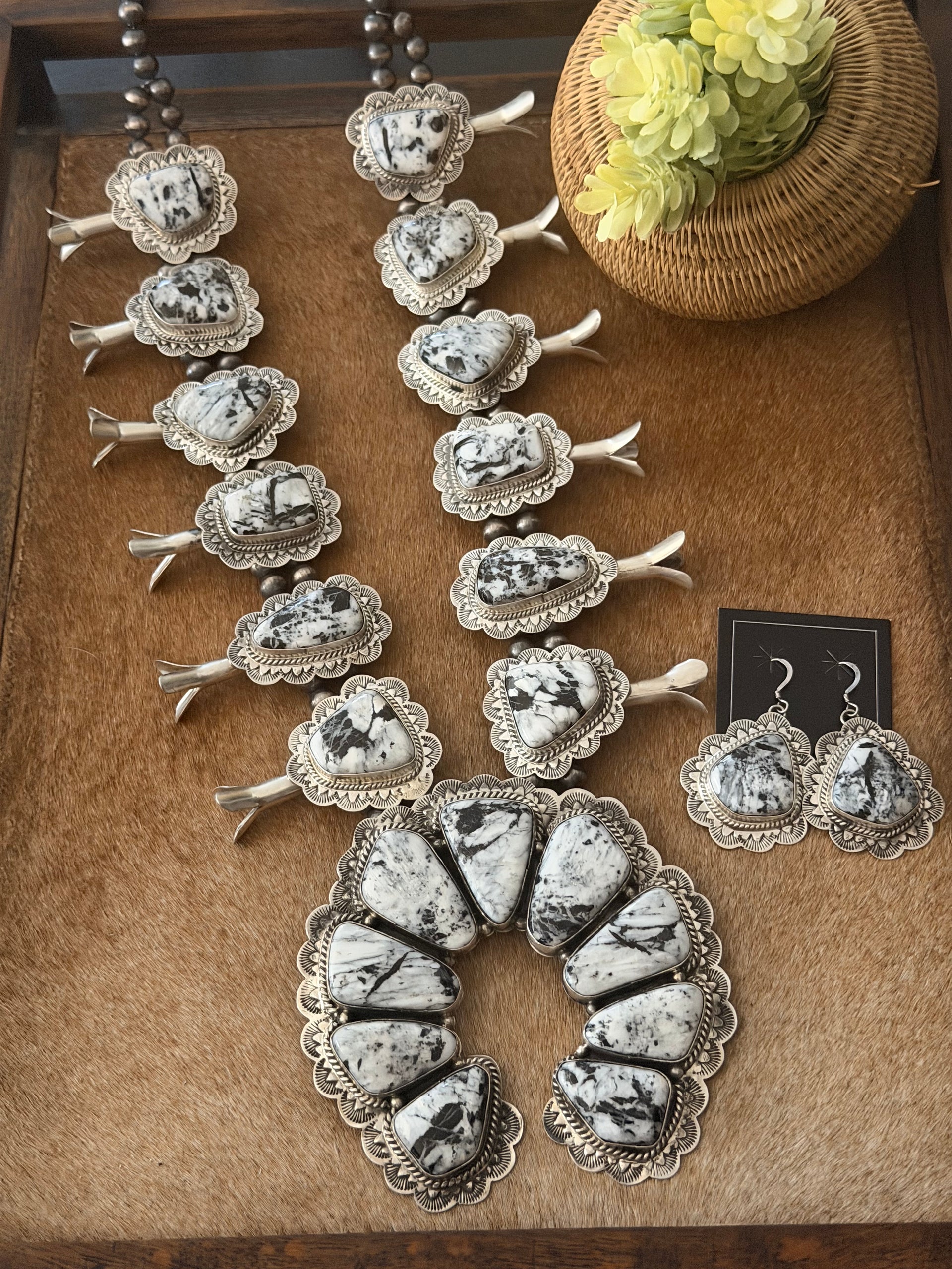Kee Johnson White Buffalo & Sterling Silver Squash Blossom Necklace Set