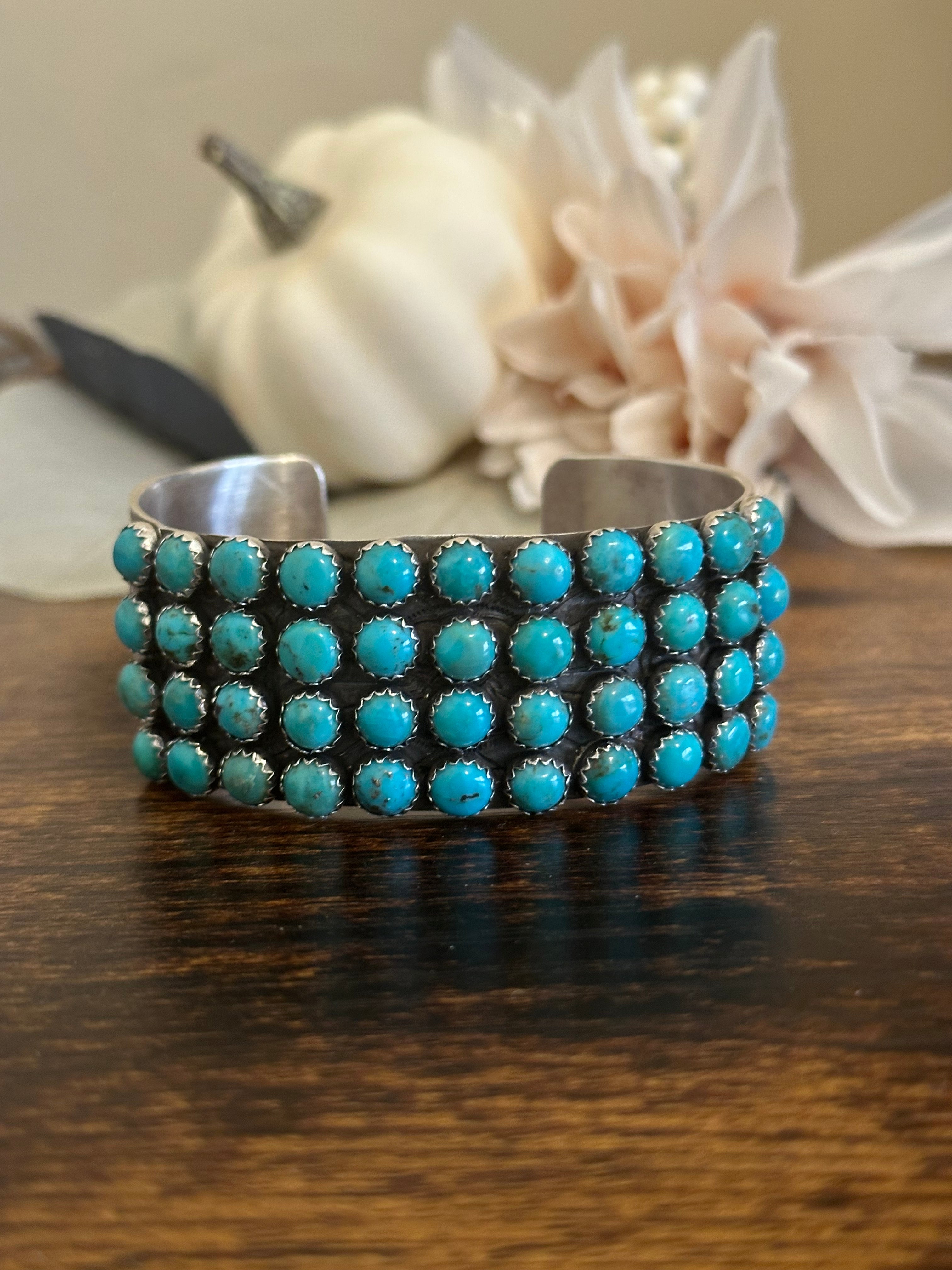 Leroy James Kingman Turquoise & Sterling Silver Cluster Cuff Bracelet