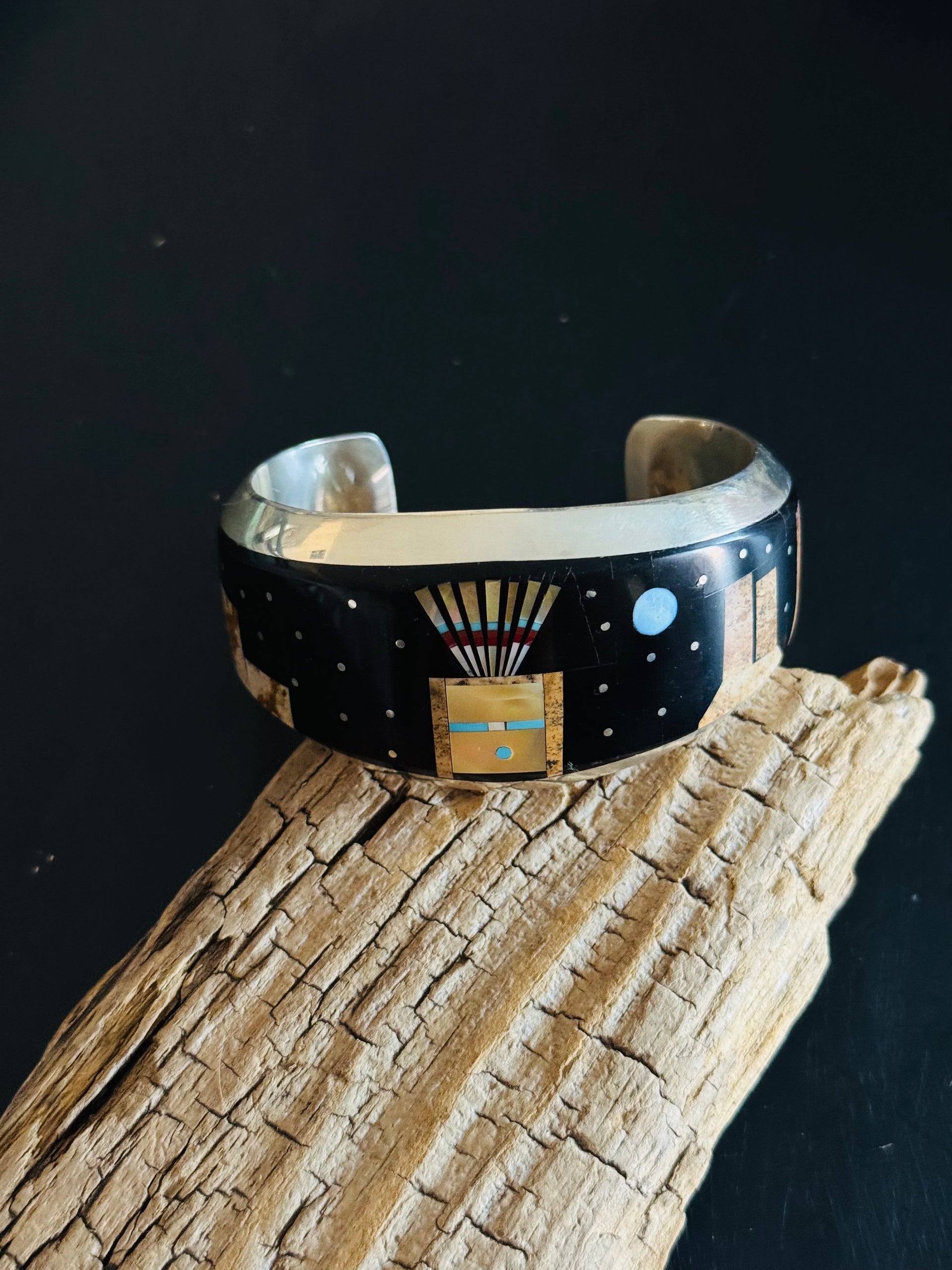 Vintage Emory Yazzie Multi Stone & Sterling Silver Inlay Galaxy Cuff Bracelet