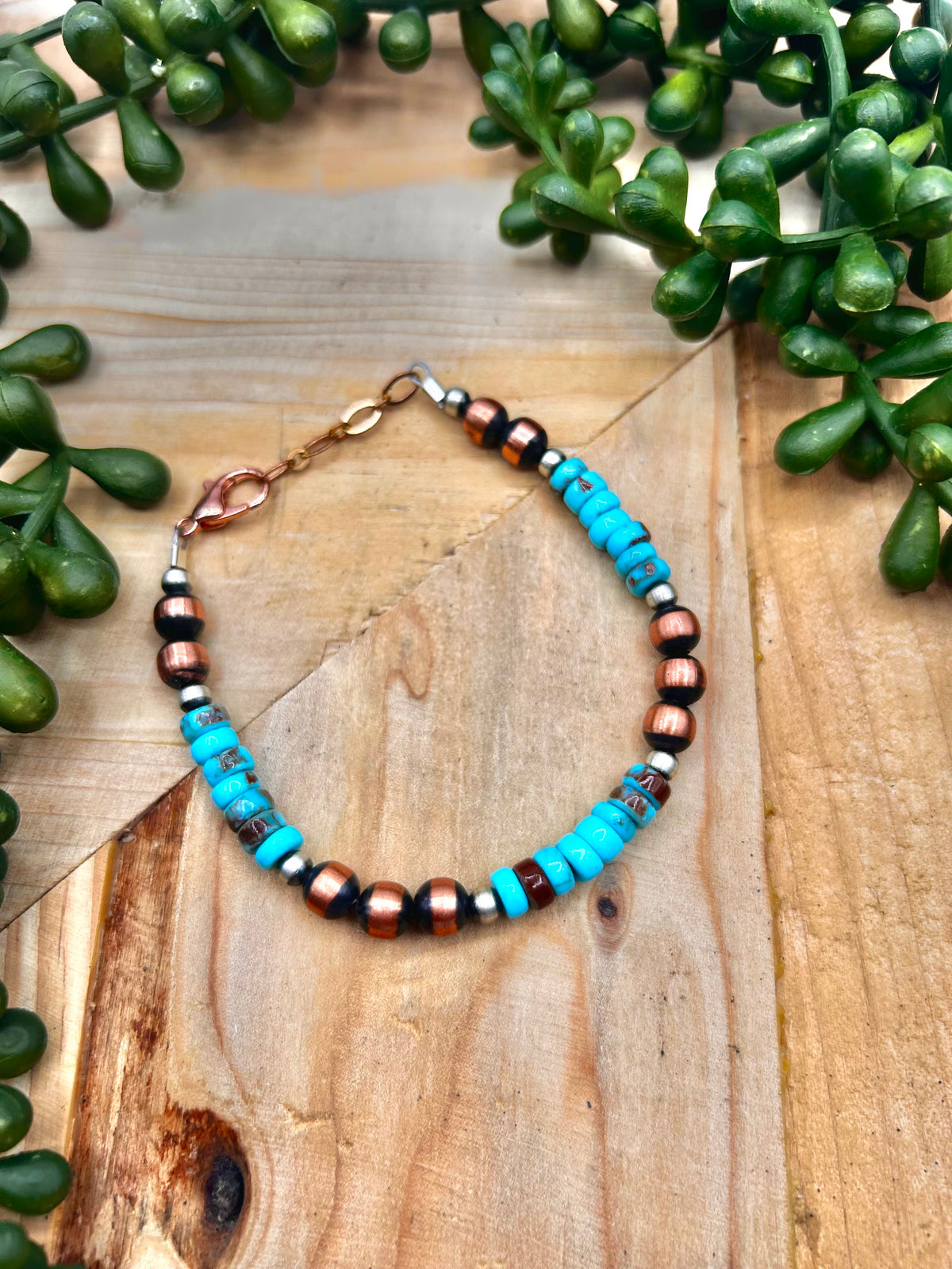 Navajo Strung Prince Mohave  Turquoise & Copper Link  Bracelet