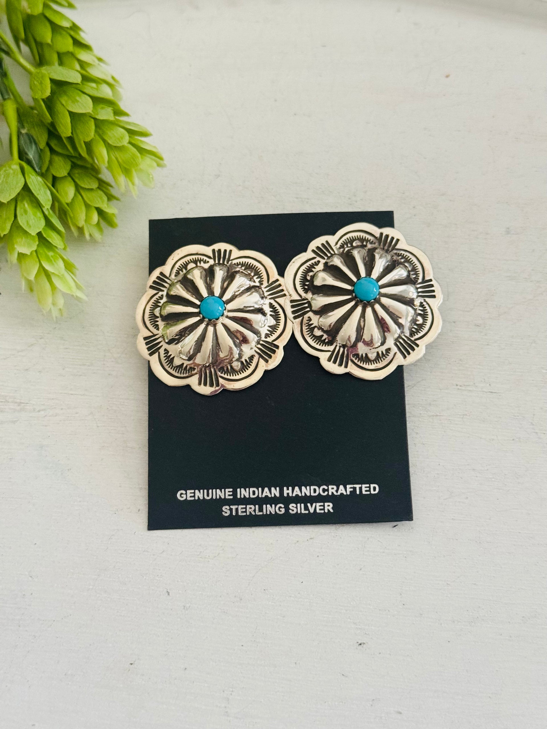 Genevieve Blackgoat Kingman Turquoise & Sterling Silver Post Concho Earrings