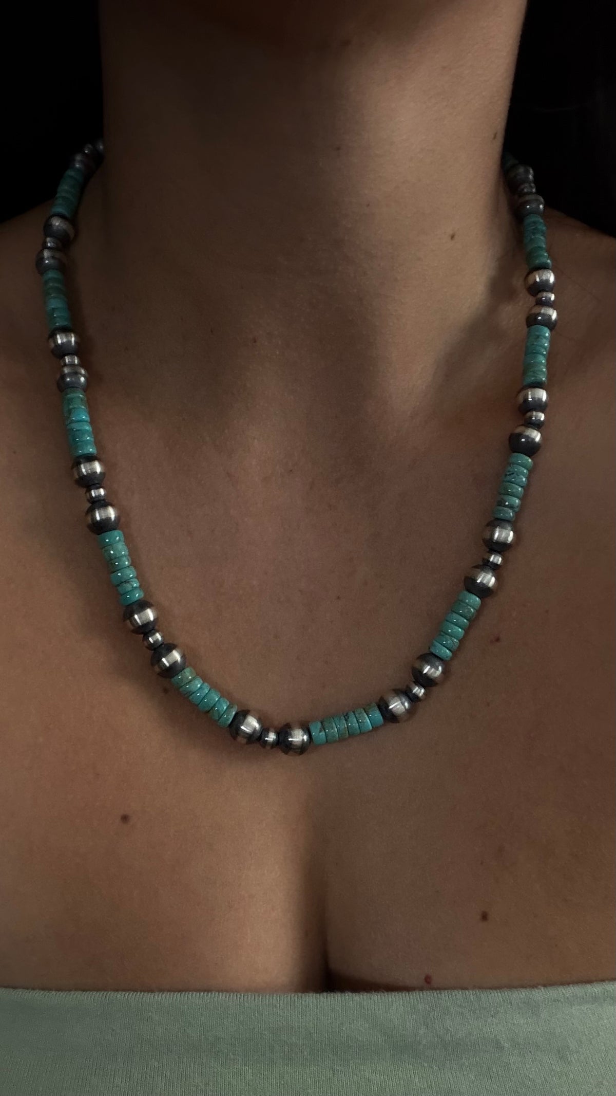 Navajo Strung Kingman Turquoise & Sterling Silver Machine Made Pearl 20” Necklace