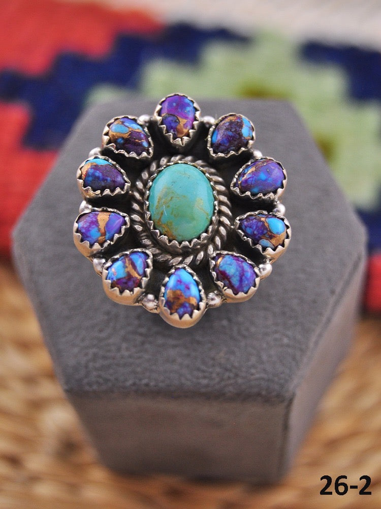 Southwest Made Multi Stone & Sterling Sliver Cluster Adjustable Ring