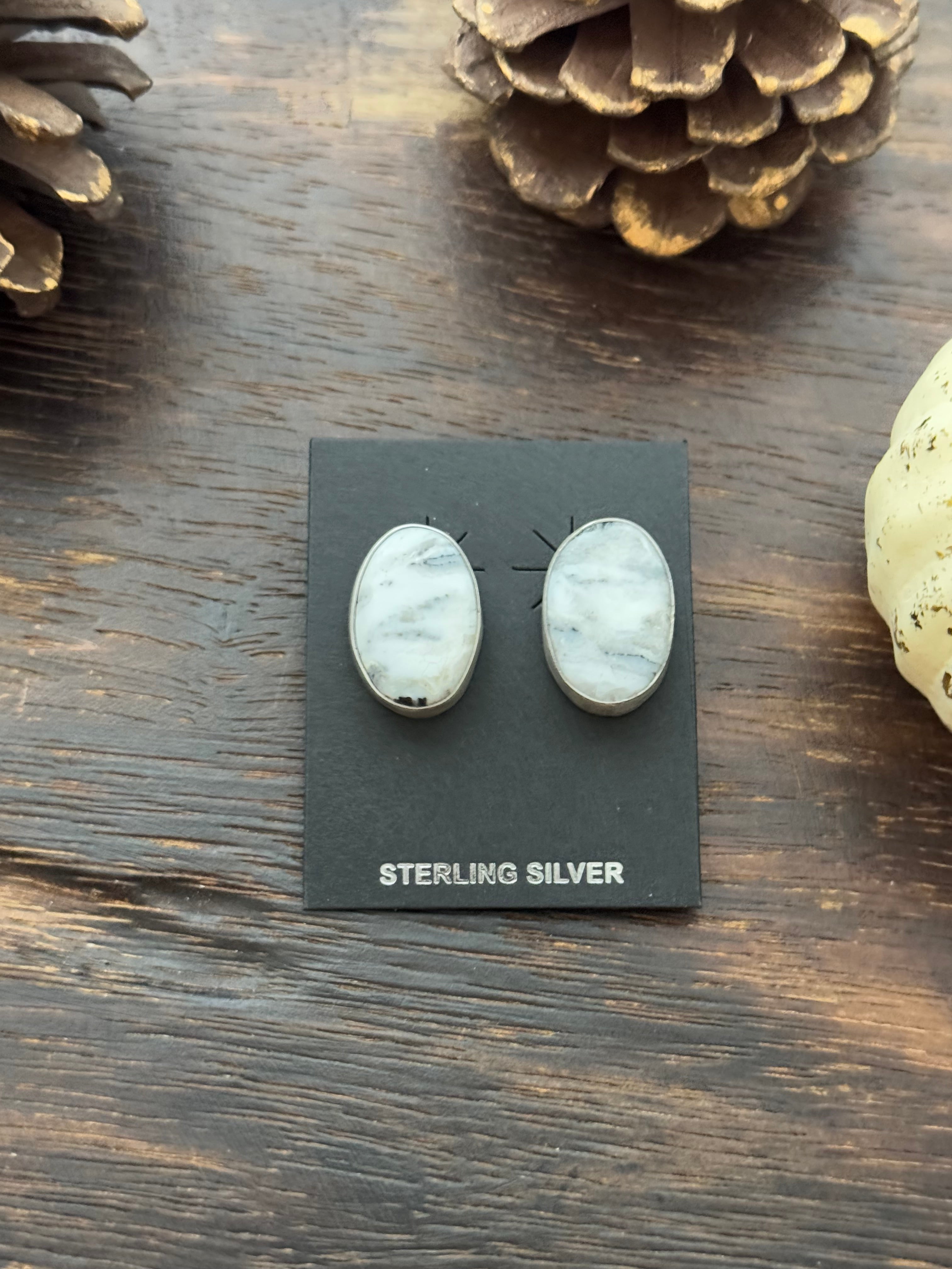 Navajo Made White Buffalo & Sterling Silver Post Earrings