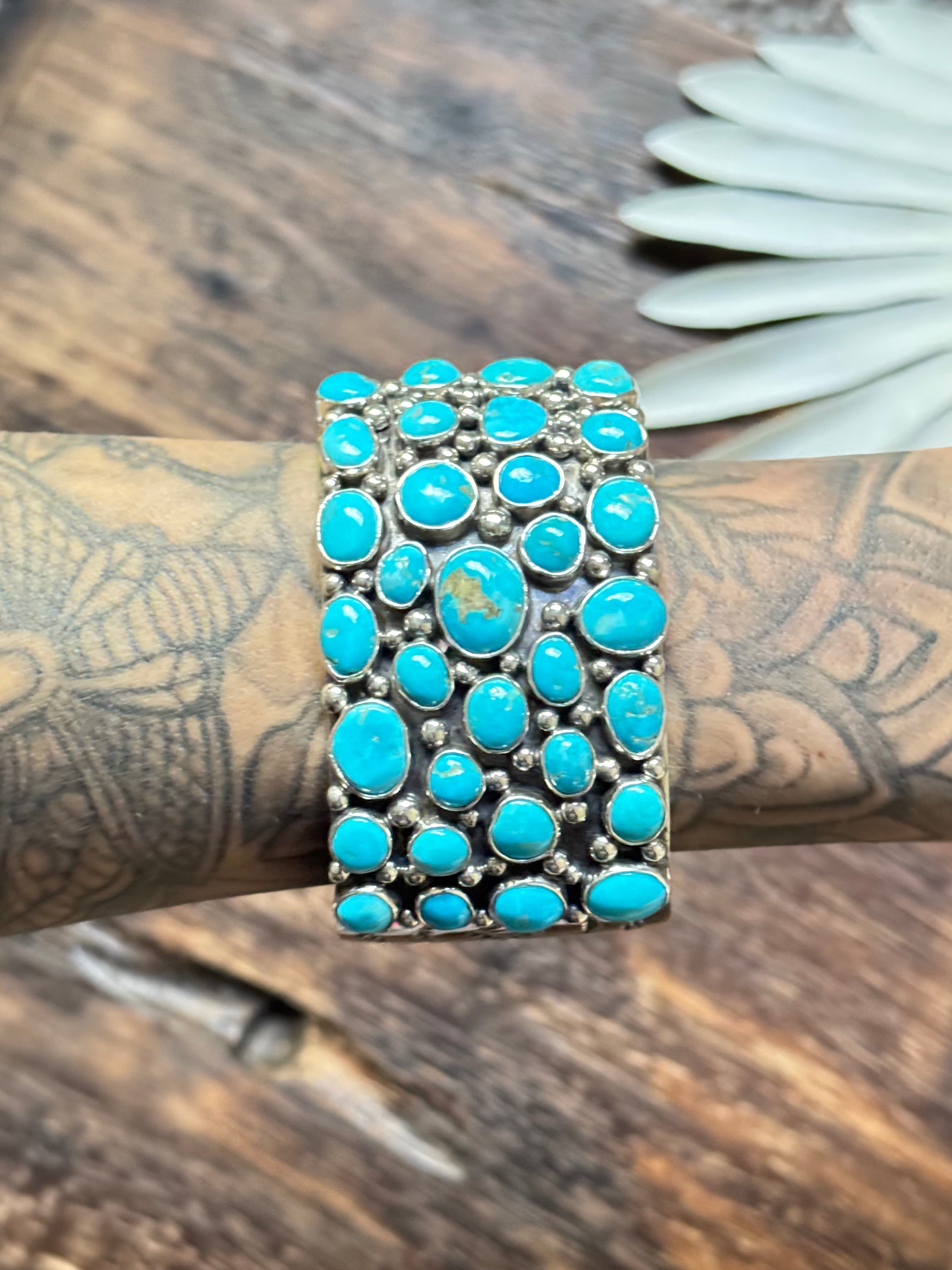 Larry Kaye Kingman Turquoise & Sterling Silver Cluster Cuff Bracelet