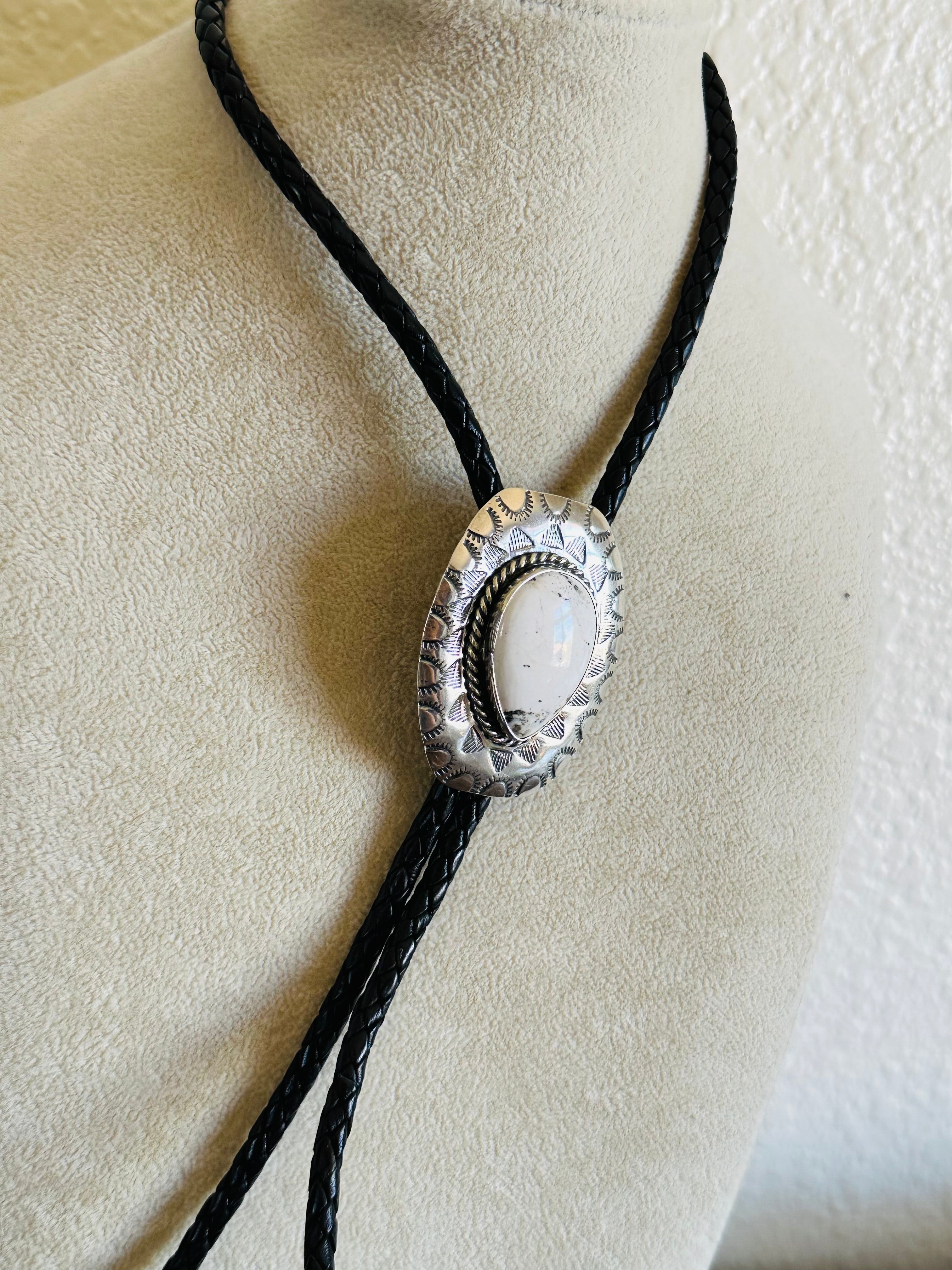 Navajo Made White Buffalo & Sterling Silver Necklace Bolo