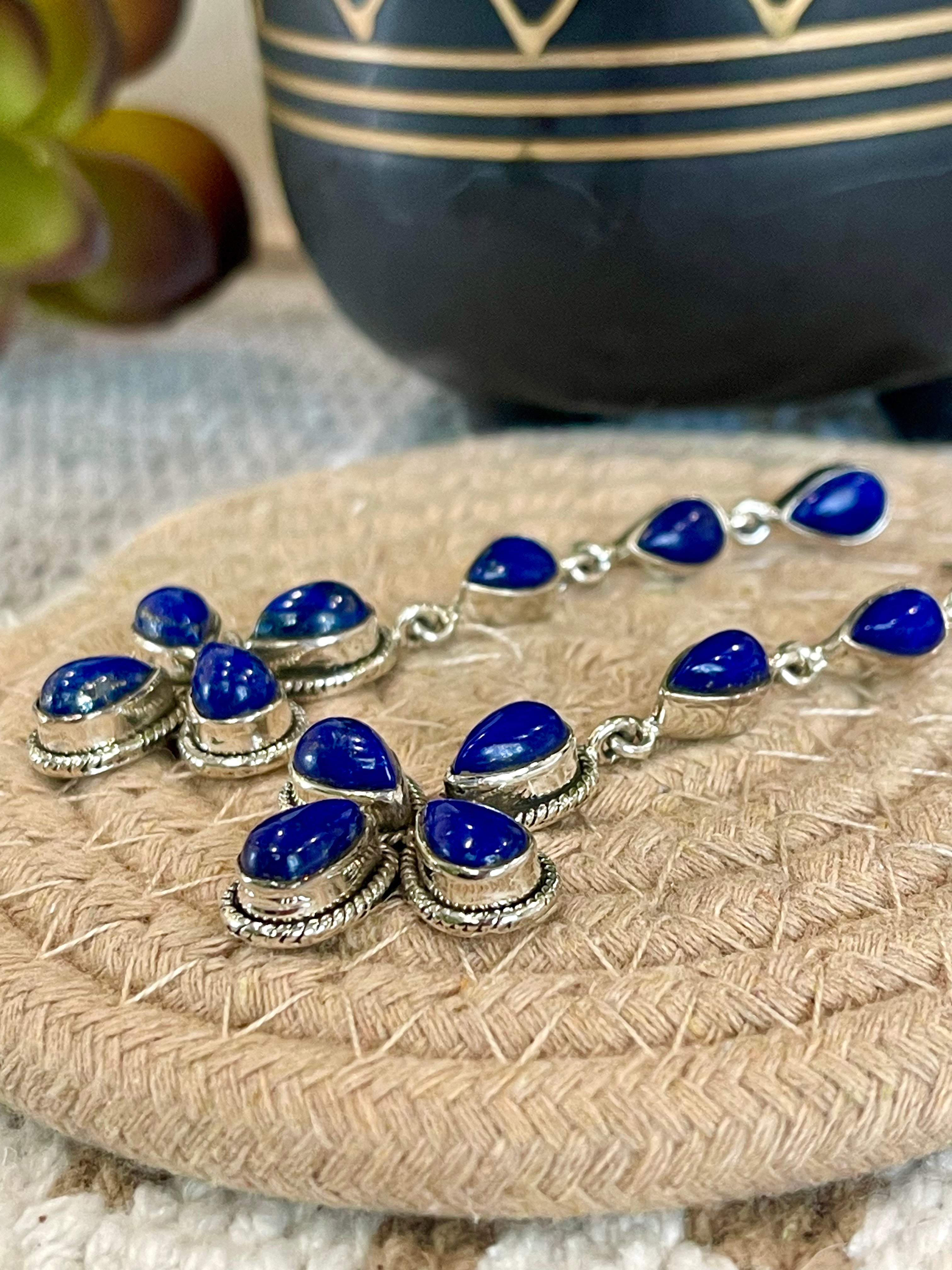 Southwest Handmade Lapis & Sterling Silver Post Dangle Cluster Earrings