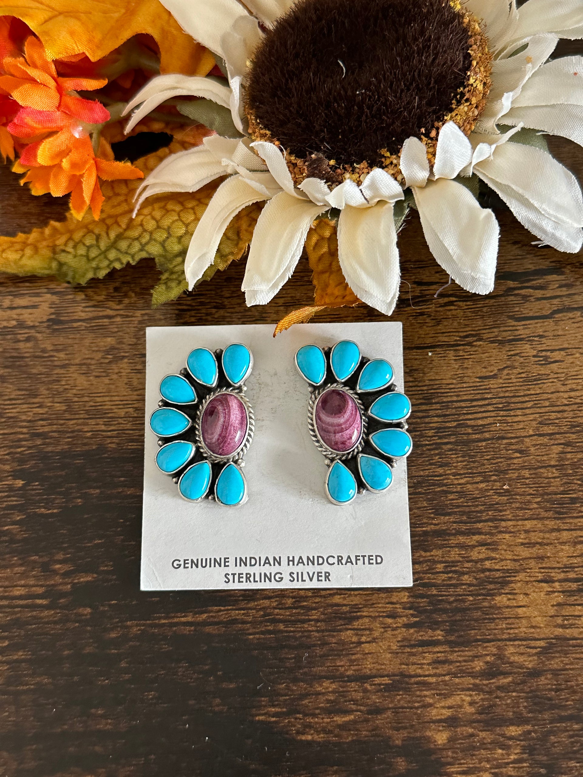 Belinda Begay Multi Stone & Sterling Silver Post Dangle Cluster Earrings