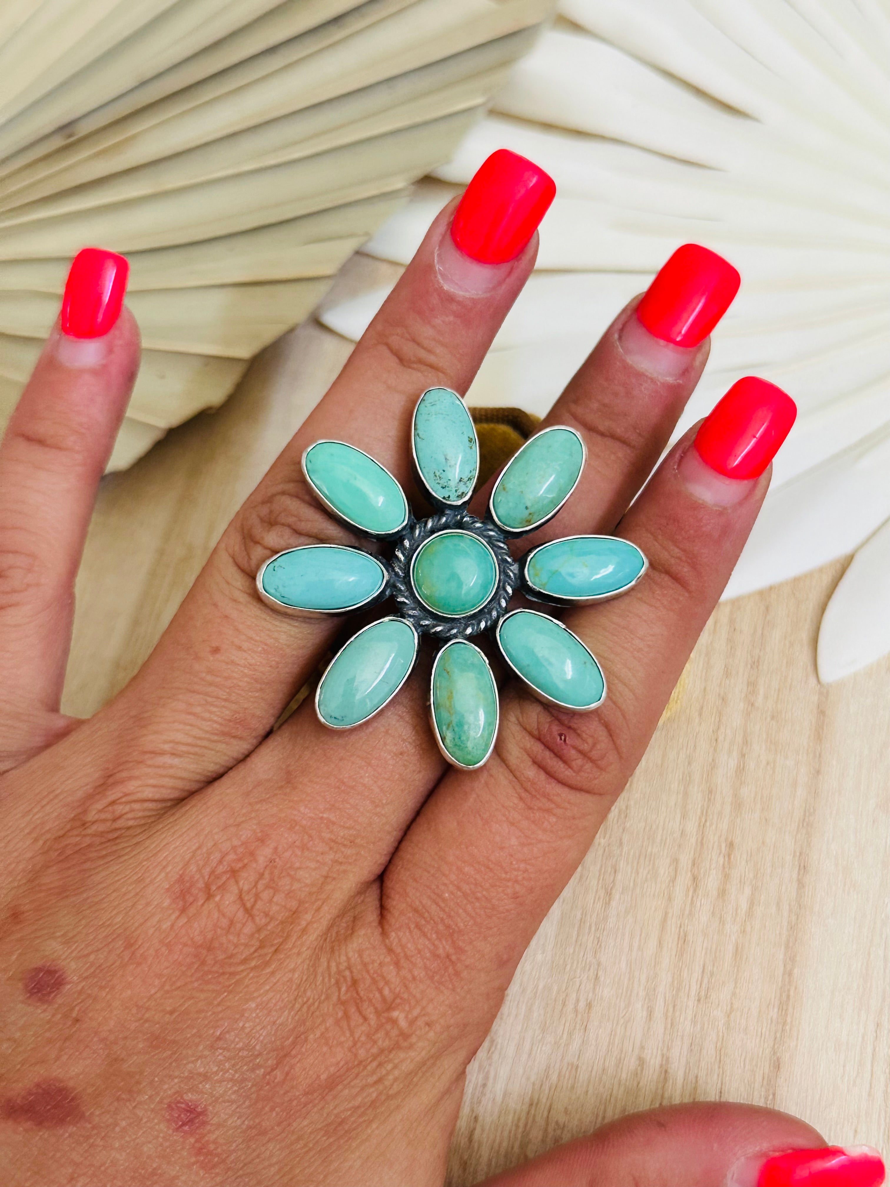 Navajo Made Kingman Turquoise & Sterling Silver Adjustable Cluster Ring