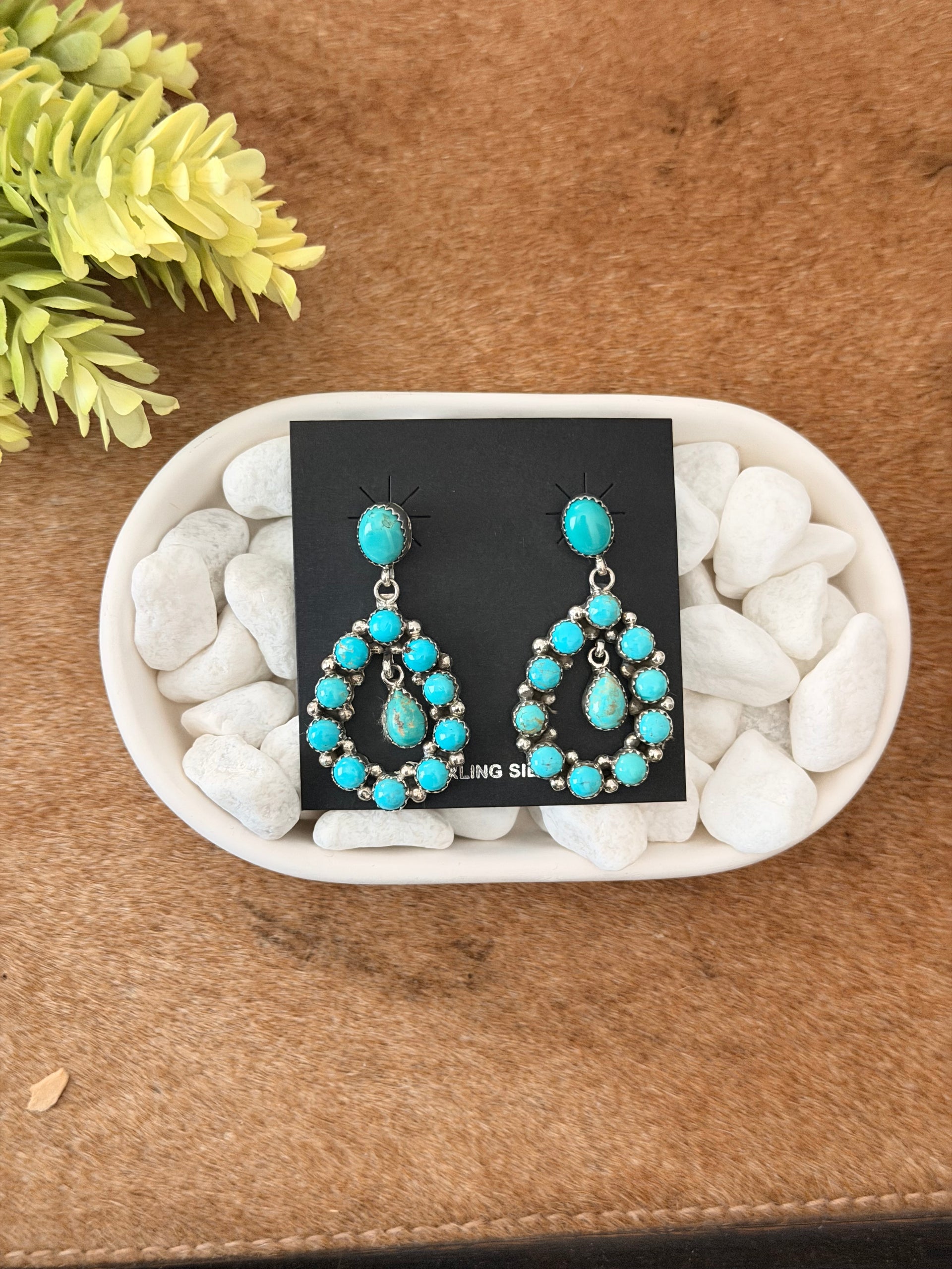 Navajo Made Kingman Turquoise & Sterling Silver Post Dangle Cluster Earring