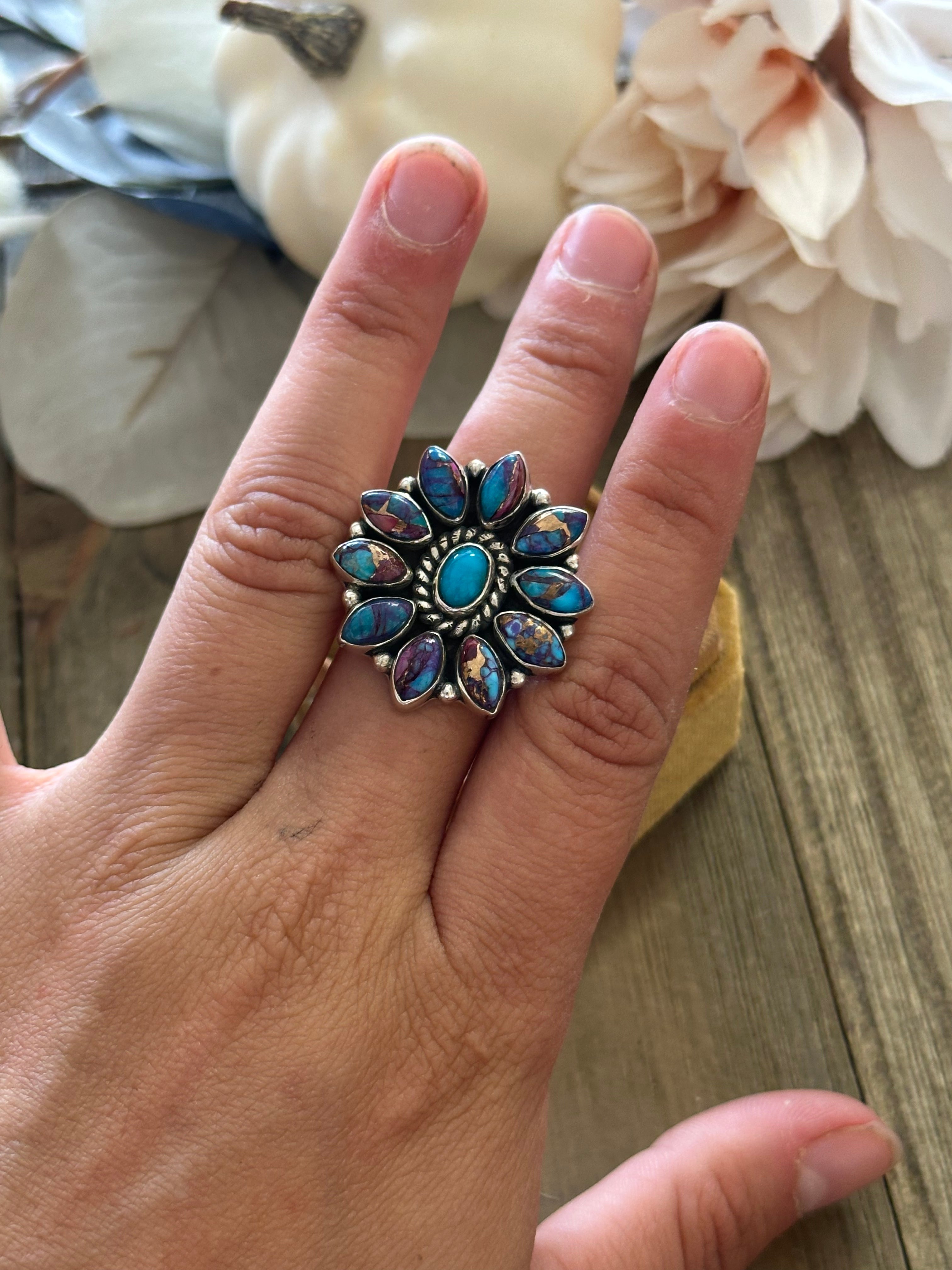 Southwest Handmade Mohave Turquoise & Sterling Silver Adjustable Cluster Ring