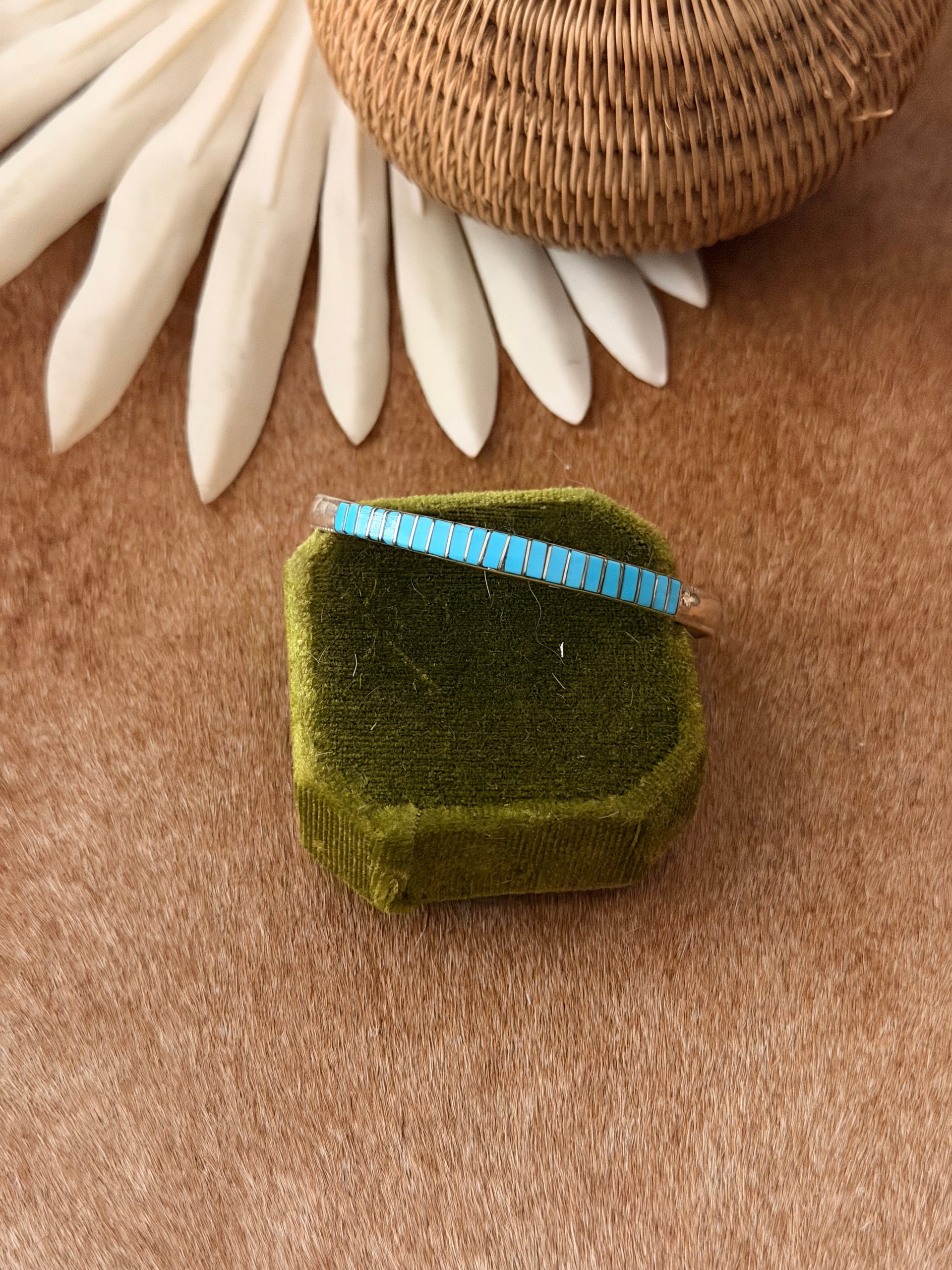 Zuni Made Kingman Turquoise & Sterling Silver Inlay Cuff Bracelet