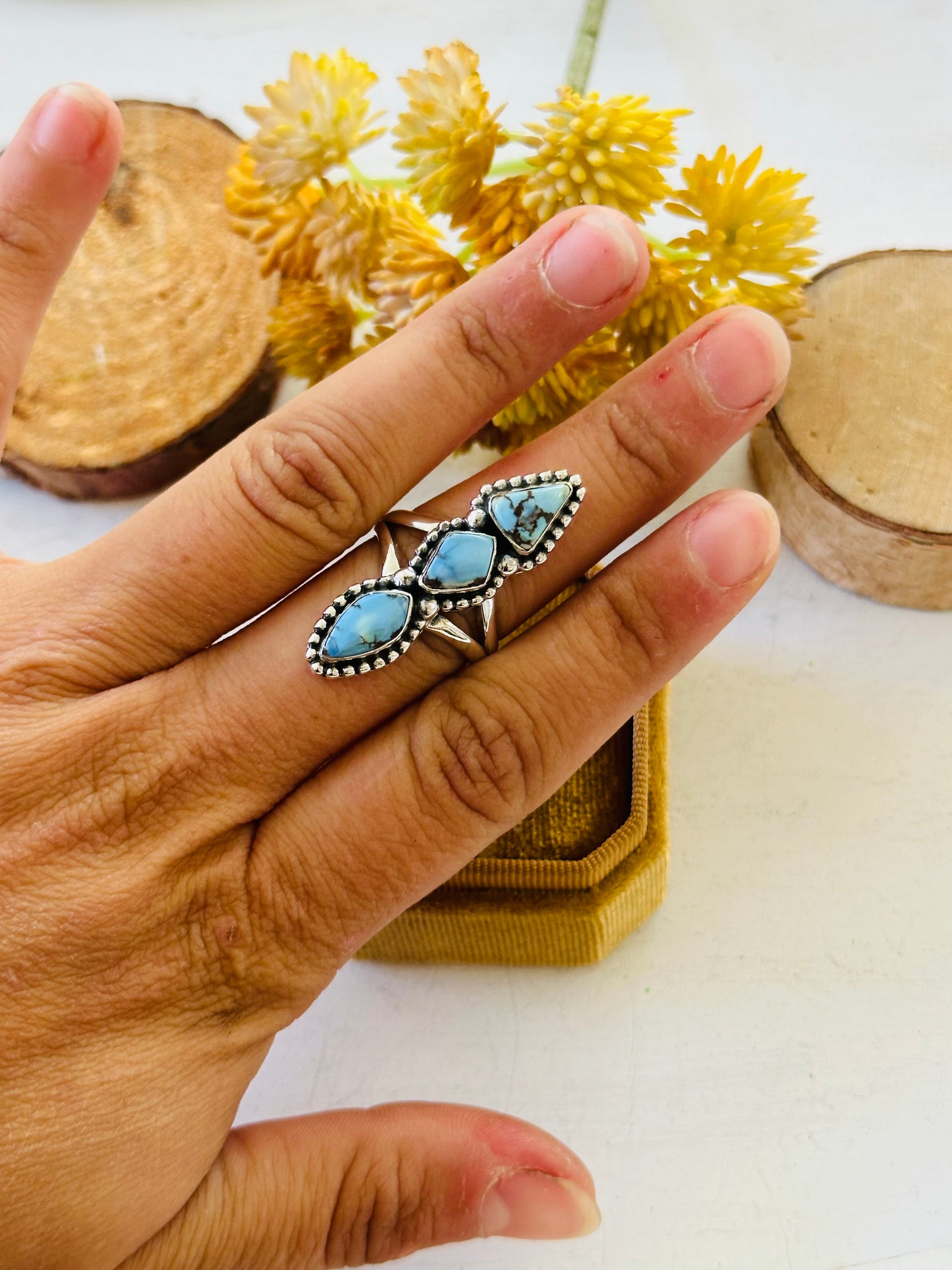 Southwest Handmade Golden Hills Turquoise & Sterling Silver Ring Size 7.25