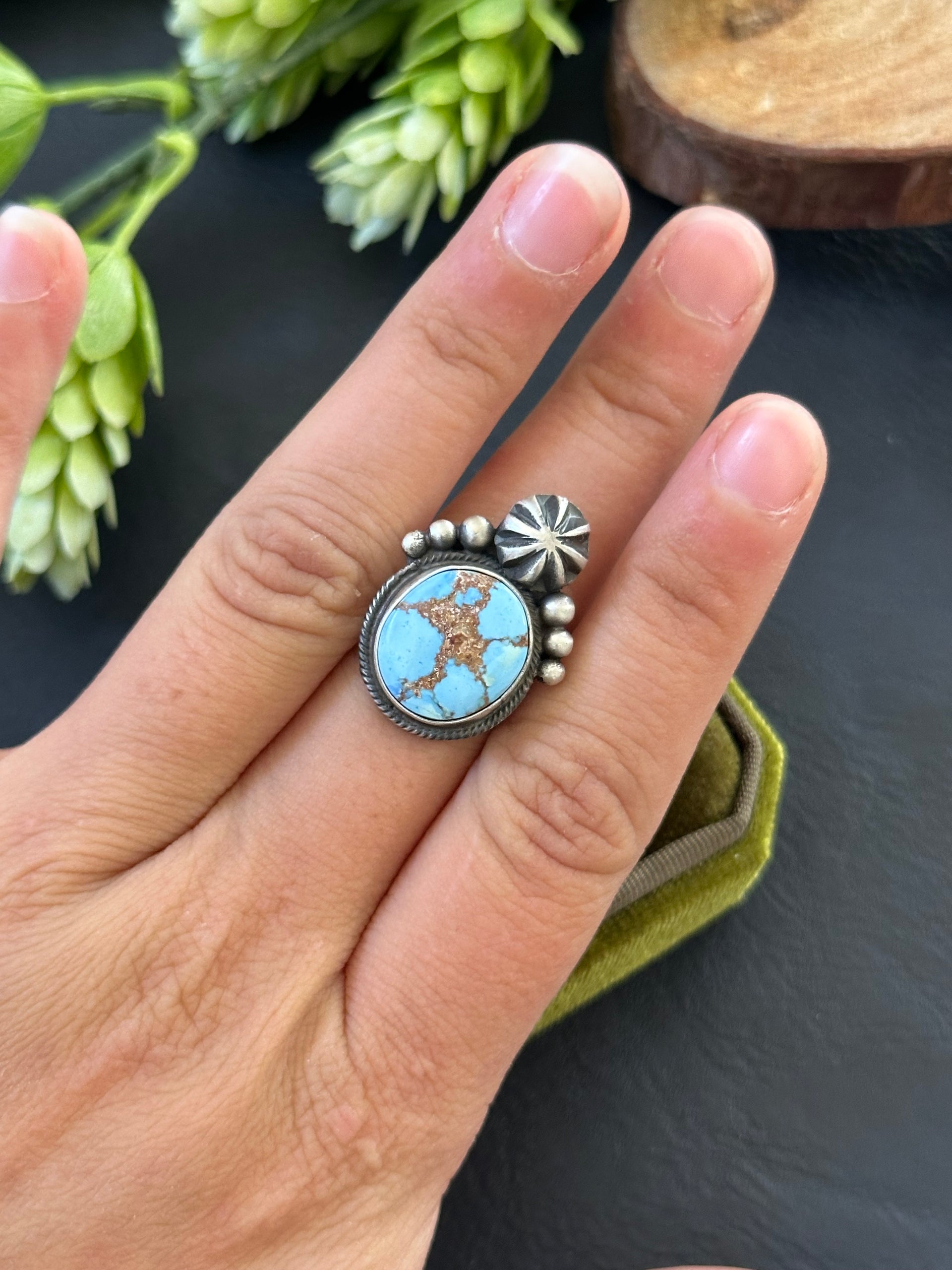 Marie Tsosie Golden Hills Turquoise & Sterling Silver Ring Size 7.5