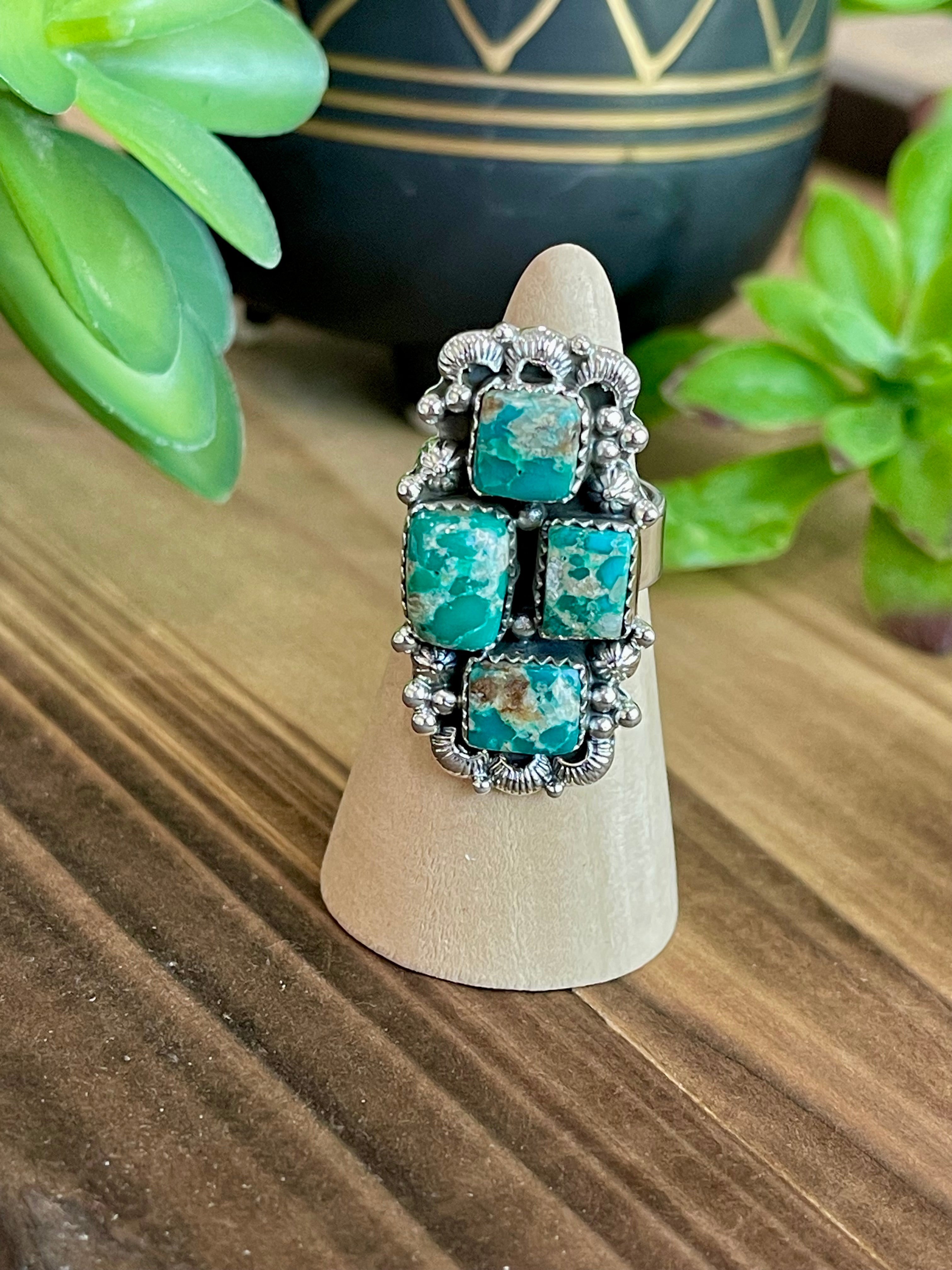 Southwest Handmade Emerald Valley Turquoise & Sterling Silver Adjustable Cluster Ring