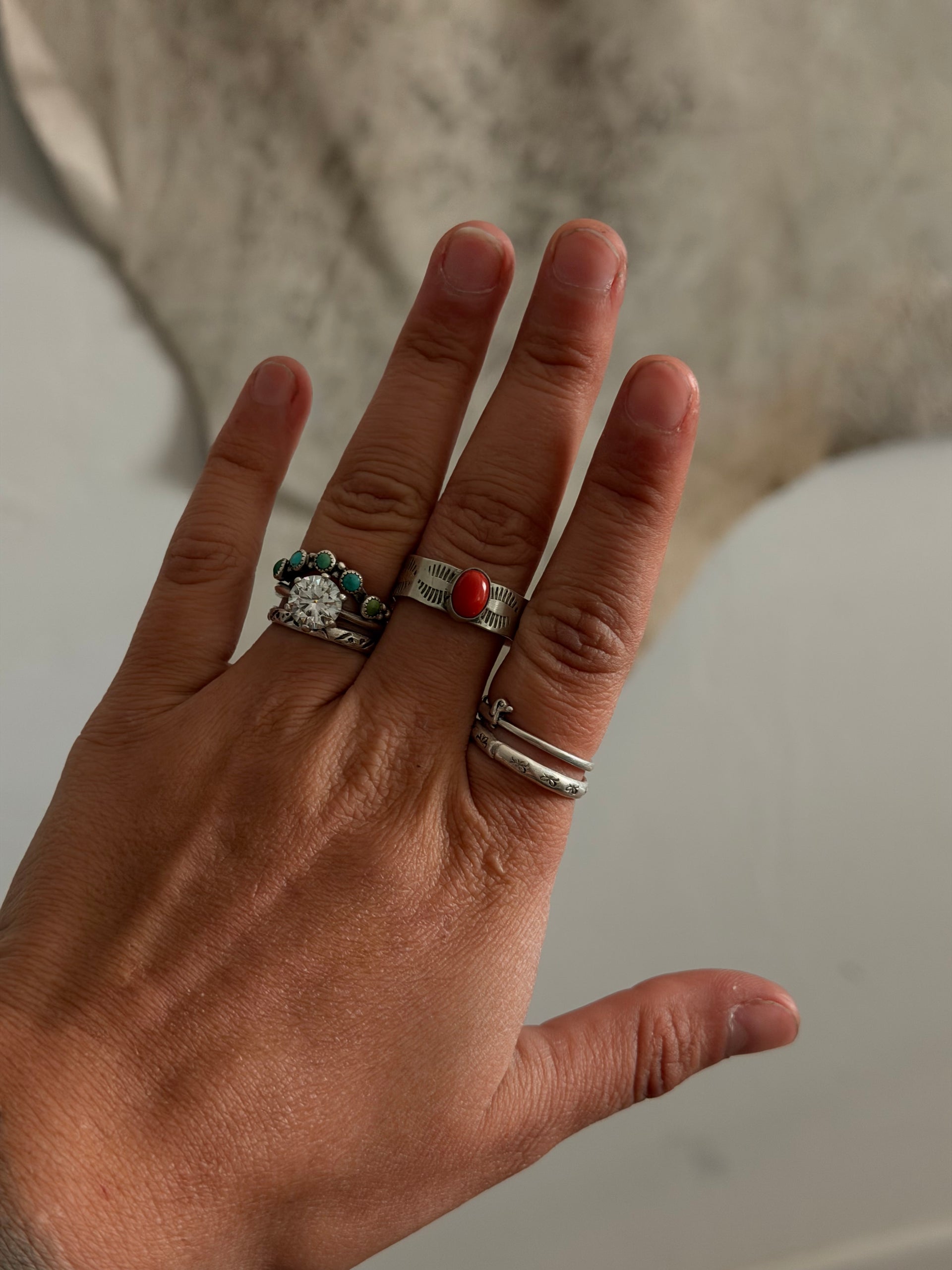 Navajo Made Red Coral & Sterling Silver Ring Size 10.25