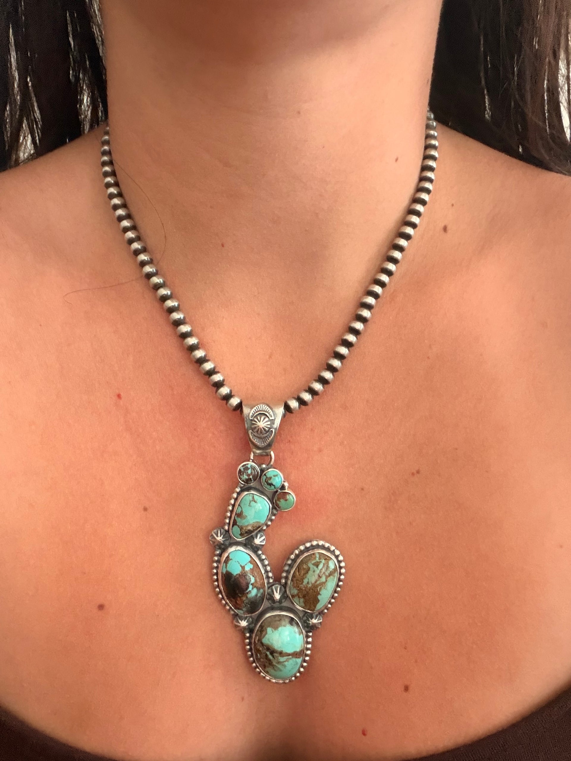 Larry Kaye Kingman Turquoise & Sterling Silver Cluster Cactus Pendant
