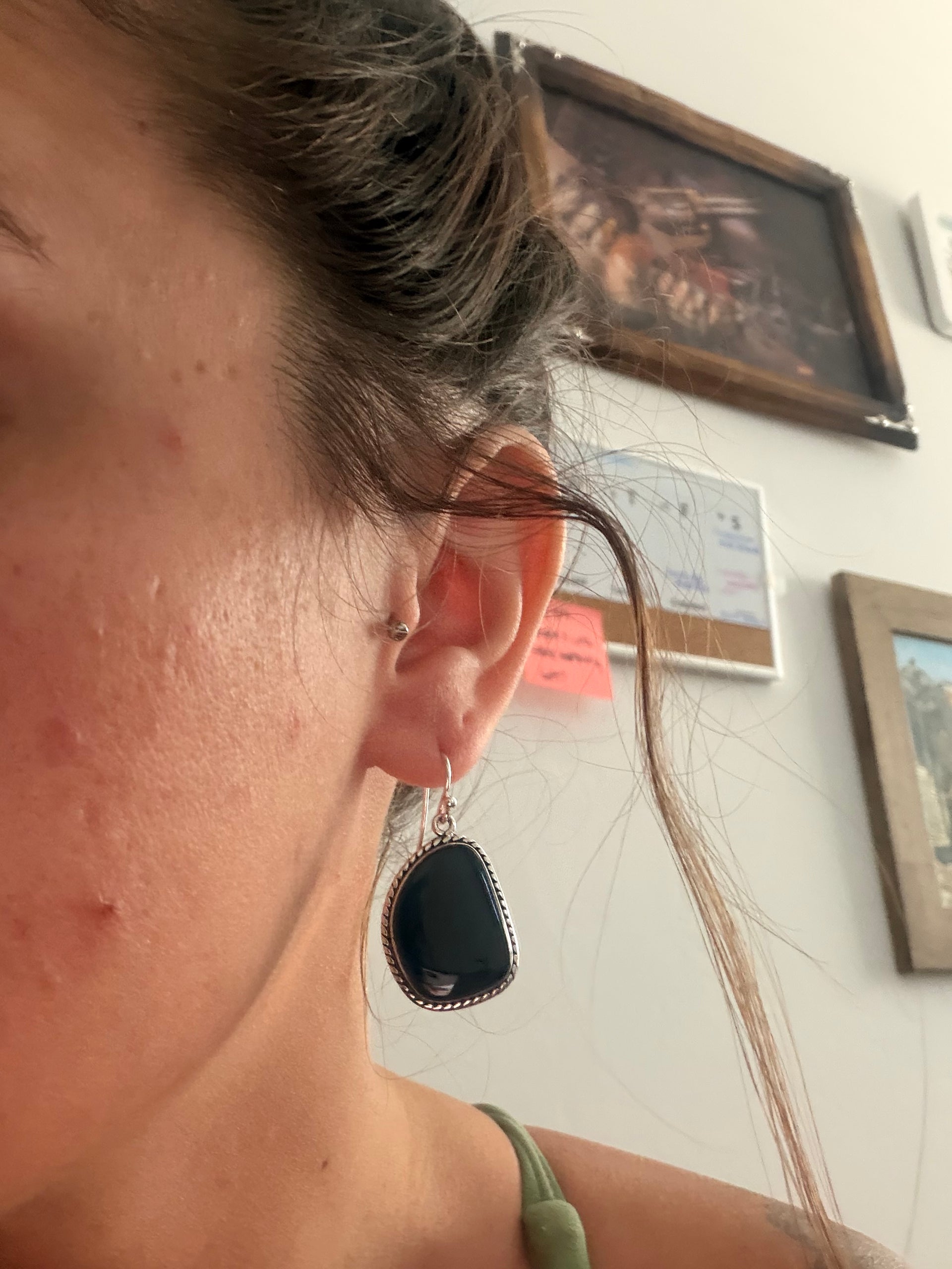 Navajo Made Onyx & Sterling Silver Dangle Earrings