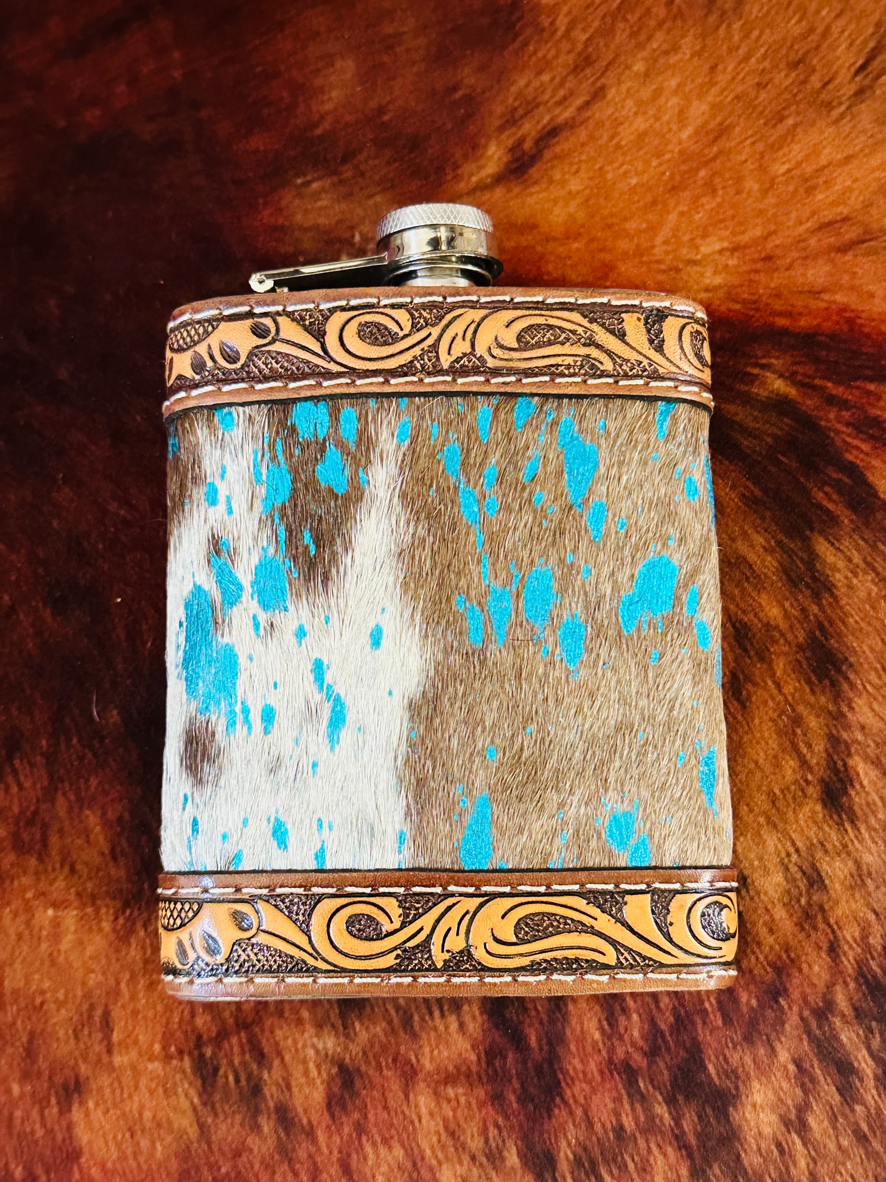 Genuine Tooled Leather & Cowhide 8 oz Flask