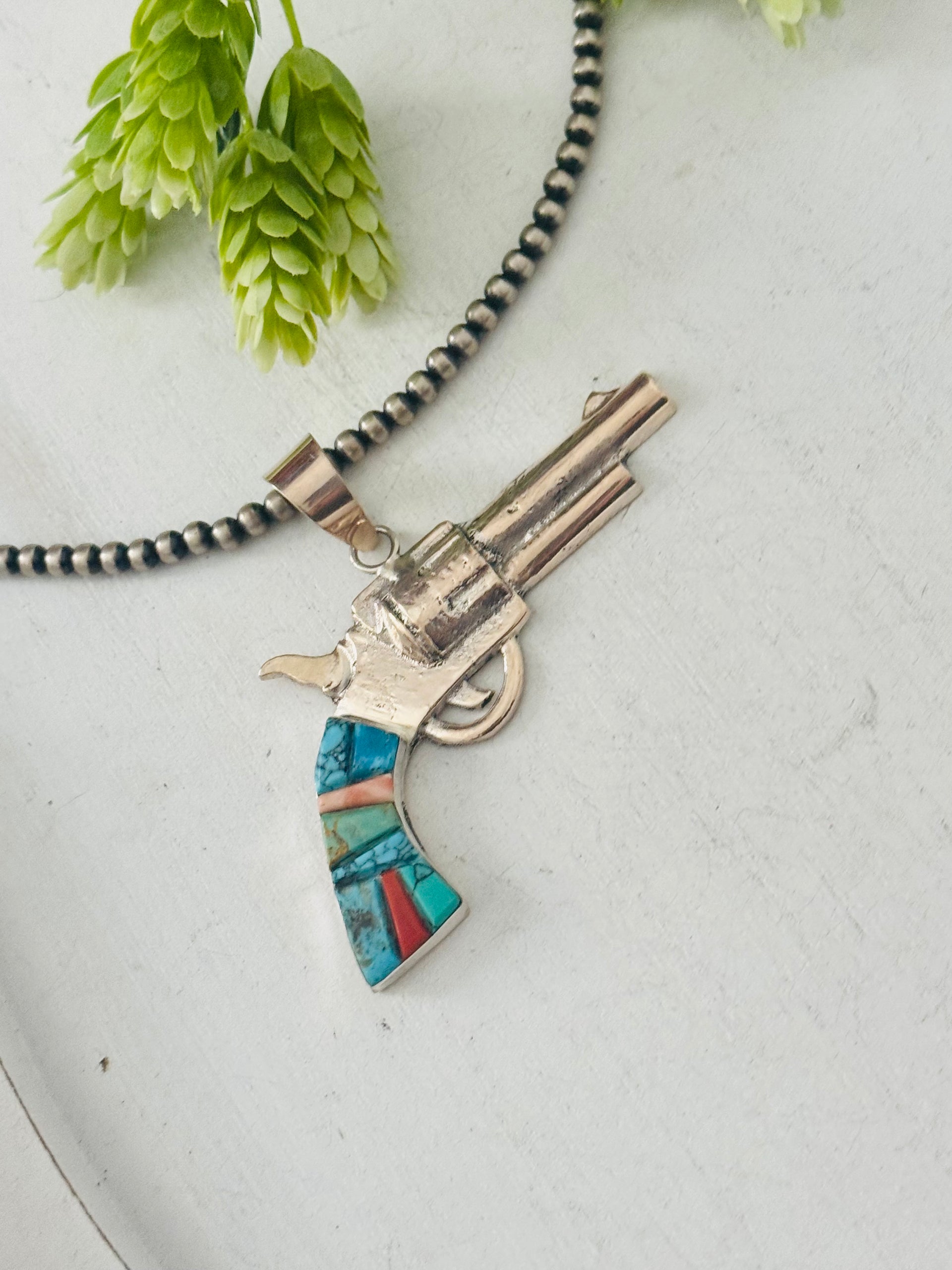 Bobby Mannelito Multi Stone & Sterling Silver Pistol Pendant