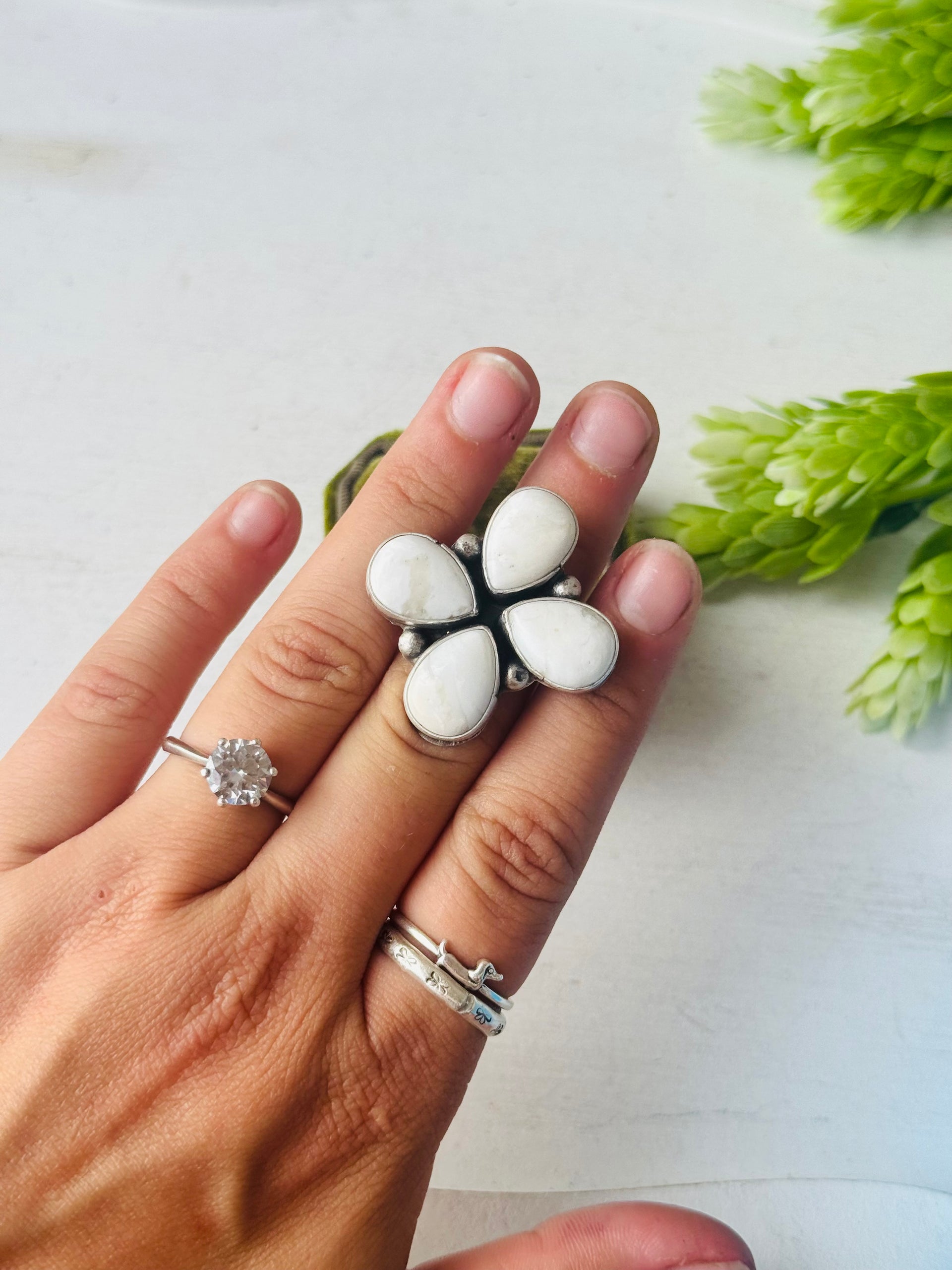 Myron Benally White Buffalo & Sterling Silver Ring Size 6.25