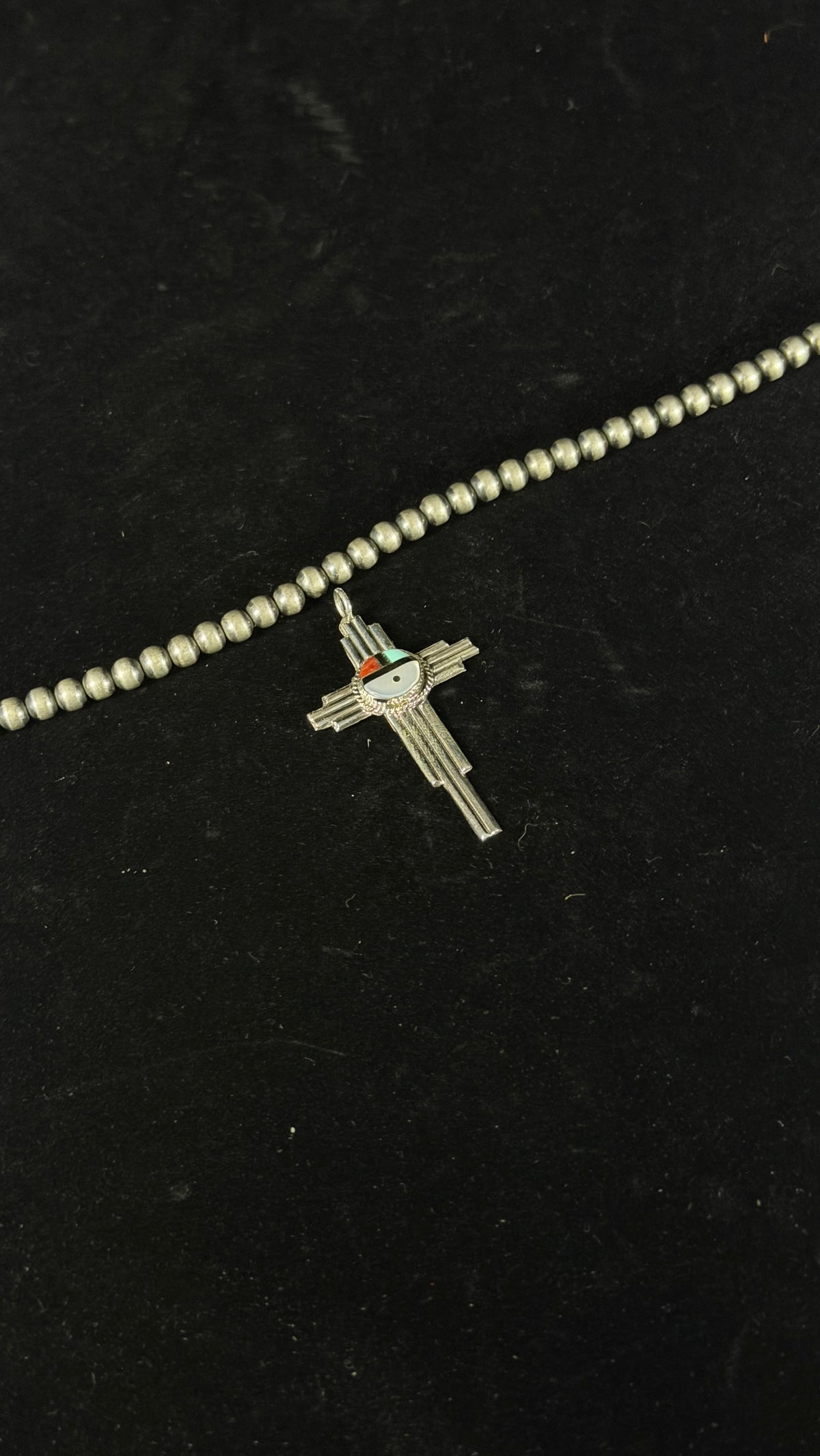 Cliff Cheama Multi Stone & Sterling Silver Inlay Sunface Cross Pendant
