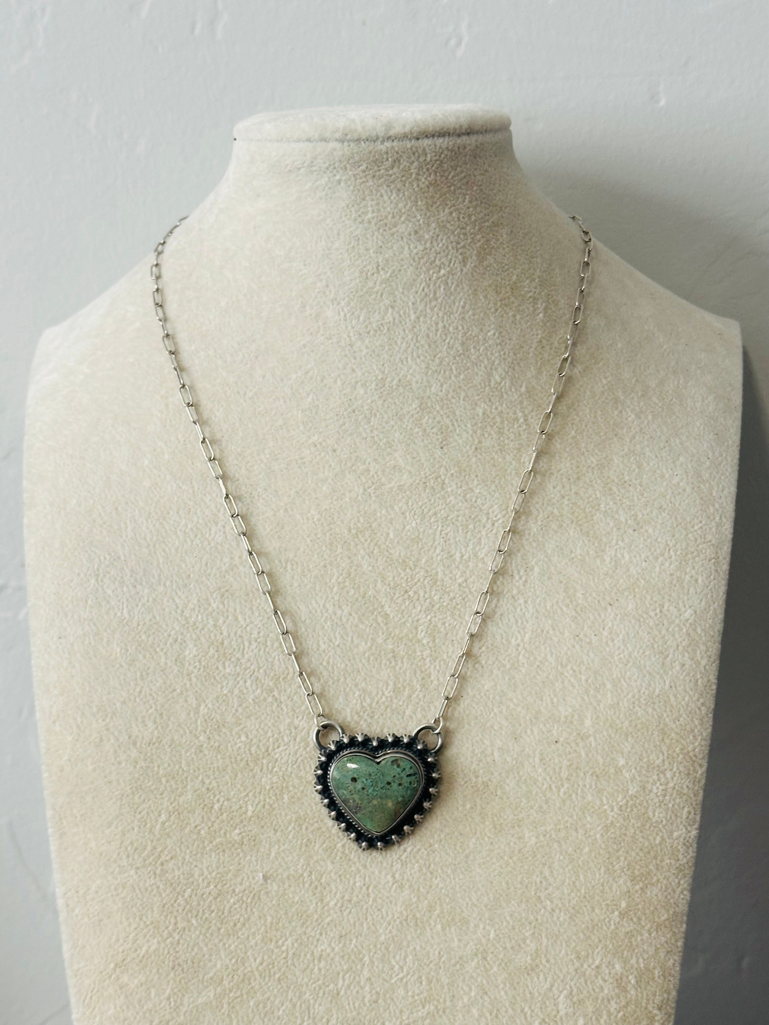 Navajo Made Kingman Turquoise & Sterling Silver Heart Necklace